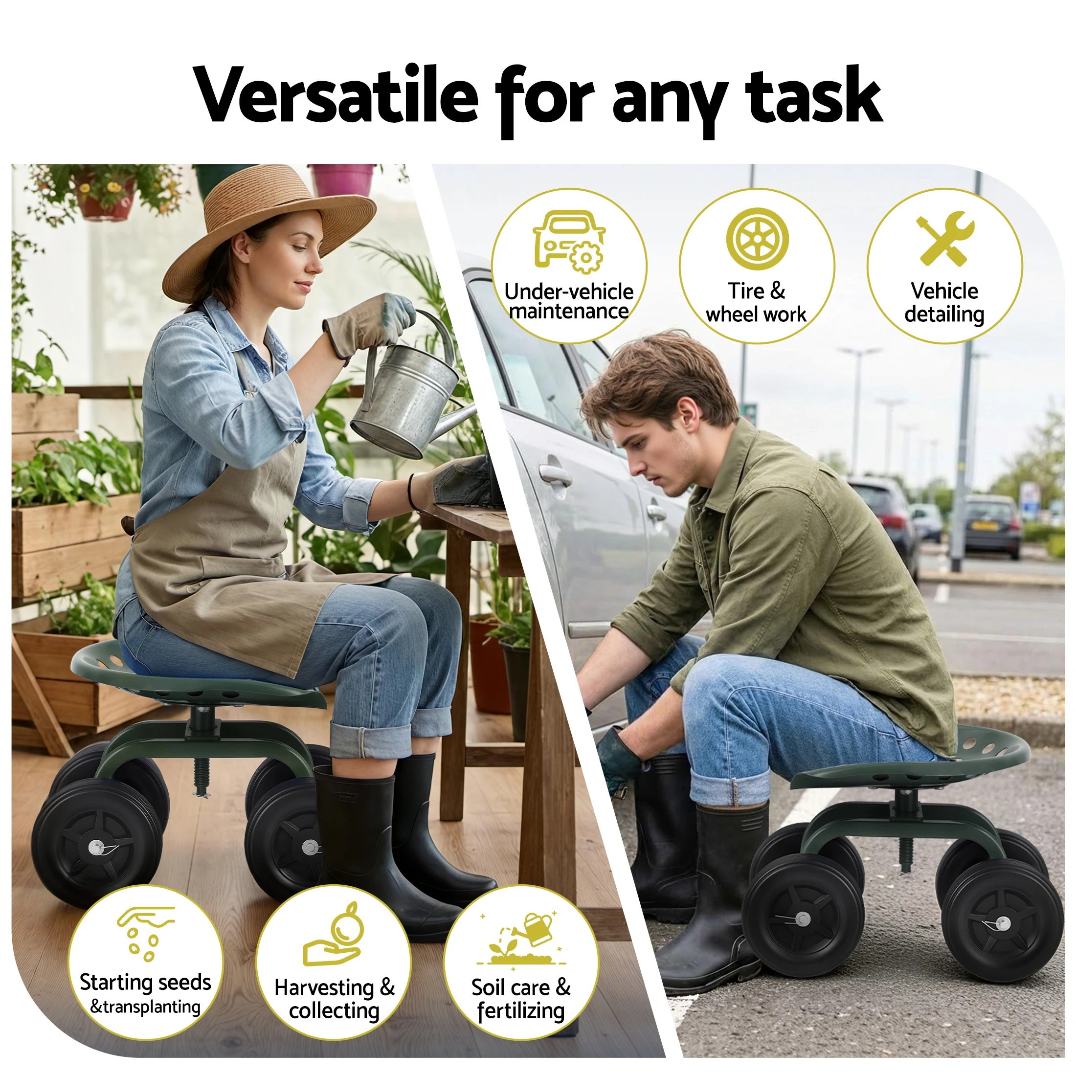 4 Gardeon Garden Seat 360 Swivel Rolling Adju Height Work Scooter Cart Wheels Heavy Duty 150kg - Multi, 4 of 9
