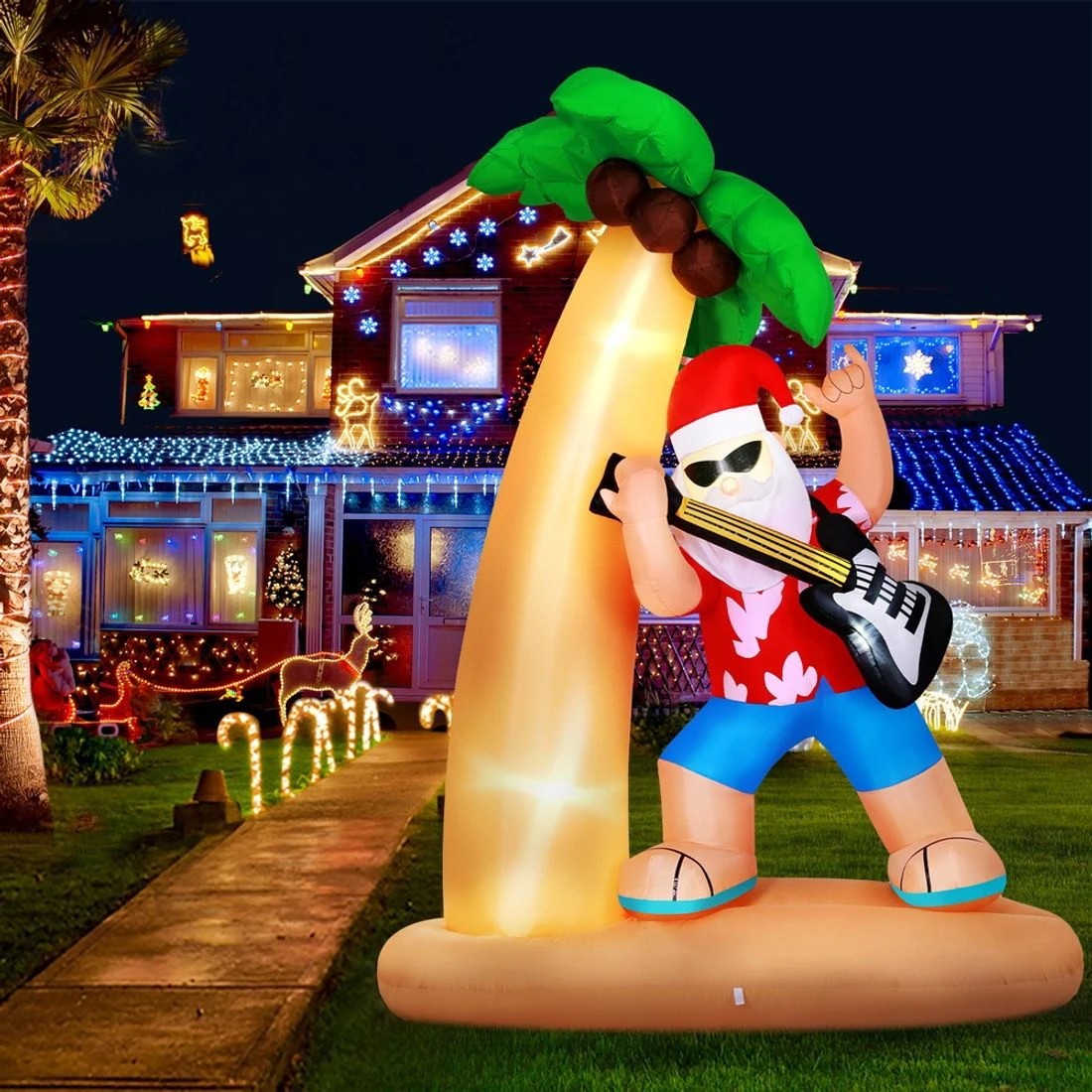1 Jingle Jollys Christmas Inflatable Santa Guitar 2.1M Led Illuminated Decorations - Multi, 1 of 7