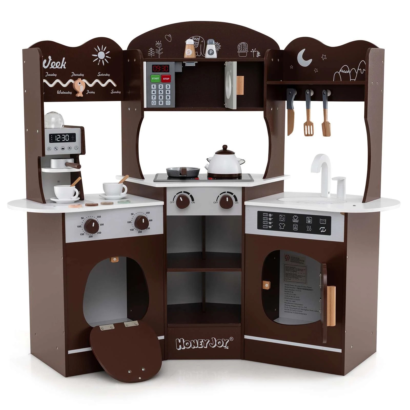 1 Costway 3-Door Corner Pretend Play Kitchen Cooking Toy - Brown, 1 of 1