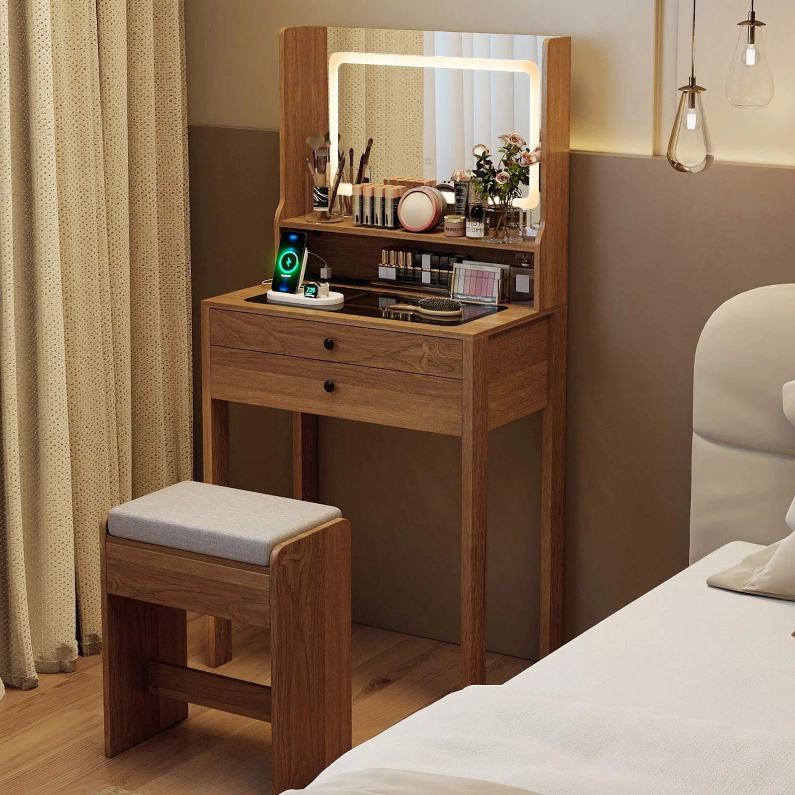 2 Costway Vanity Desk Set Tempered Glass Top Dressing Table Stool w/Power Outlets, 2 of 4