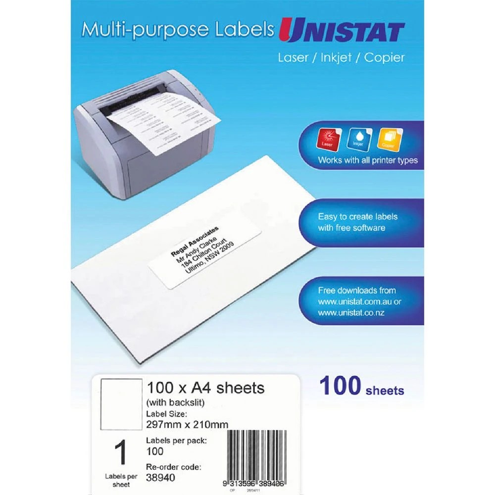1 Unistat 1UP Inkjet Laser Labels 100 Sheets, 1 of 1