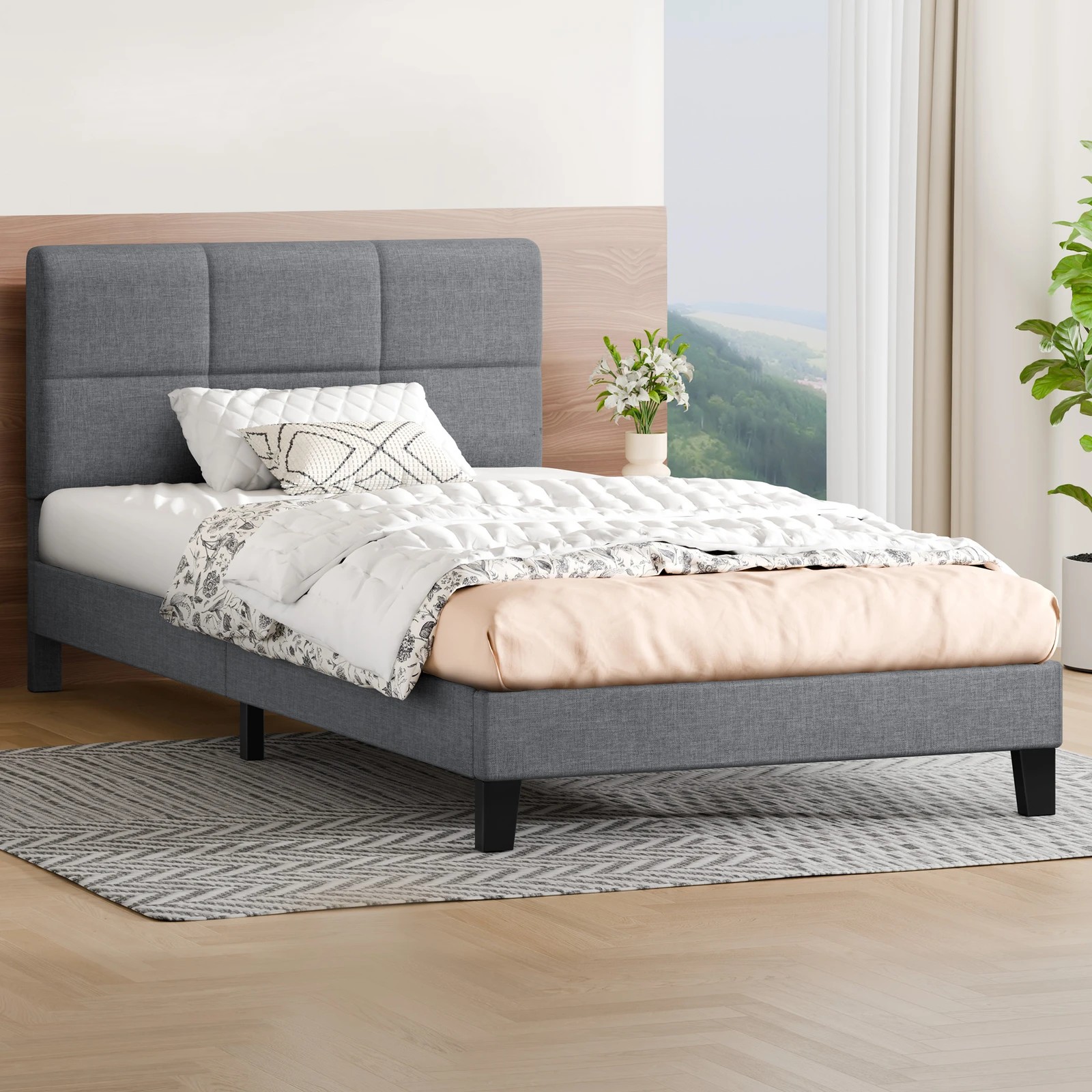 2 Alfordson Bed Frame Single Size Wooden Slats Platform Fabric Paula - Grey, 2 of 9