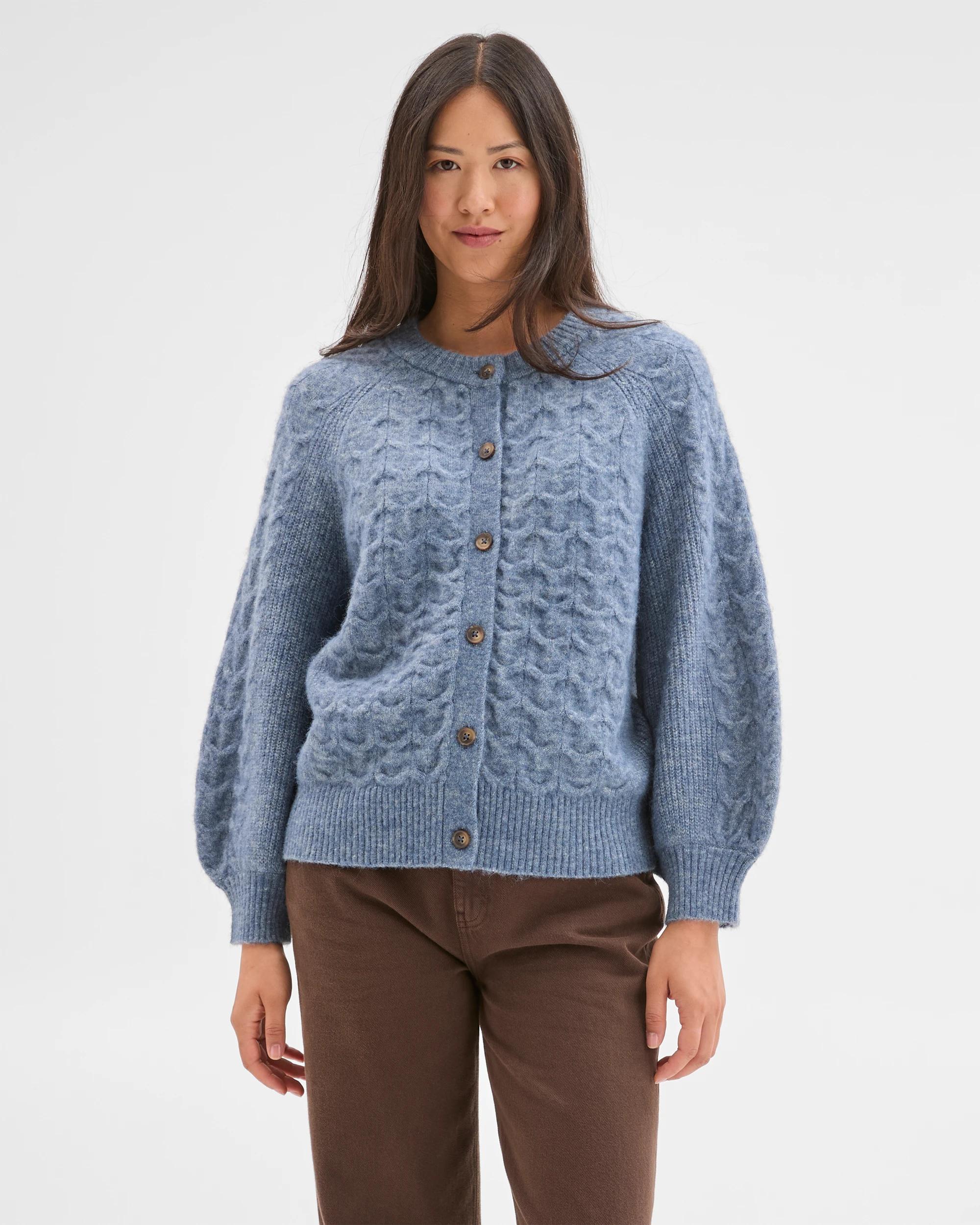 3 Target Woman Cable Knit Bell Sleeve Cardigan BLUE FOG, 3 of 8