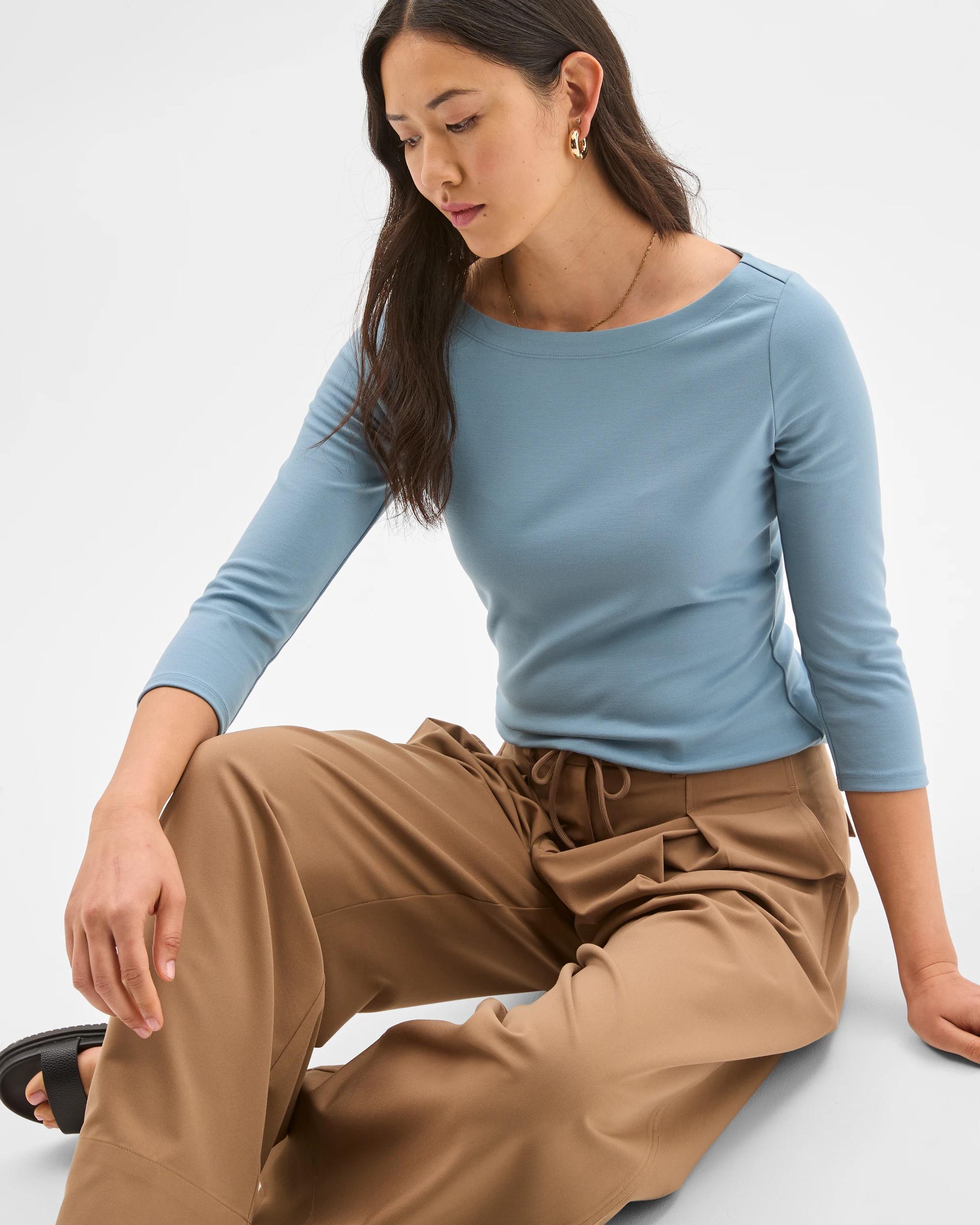 2 Preview 3/4 Sleeve Boat Neck Ponte T-Shirt MOODY BLUE, 2 of 7