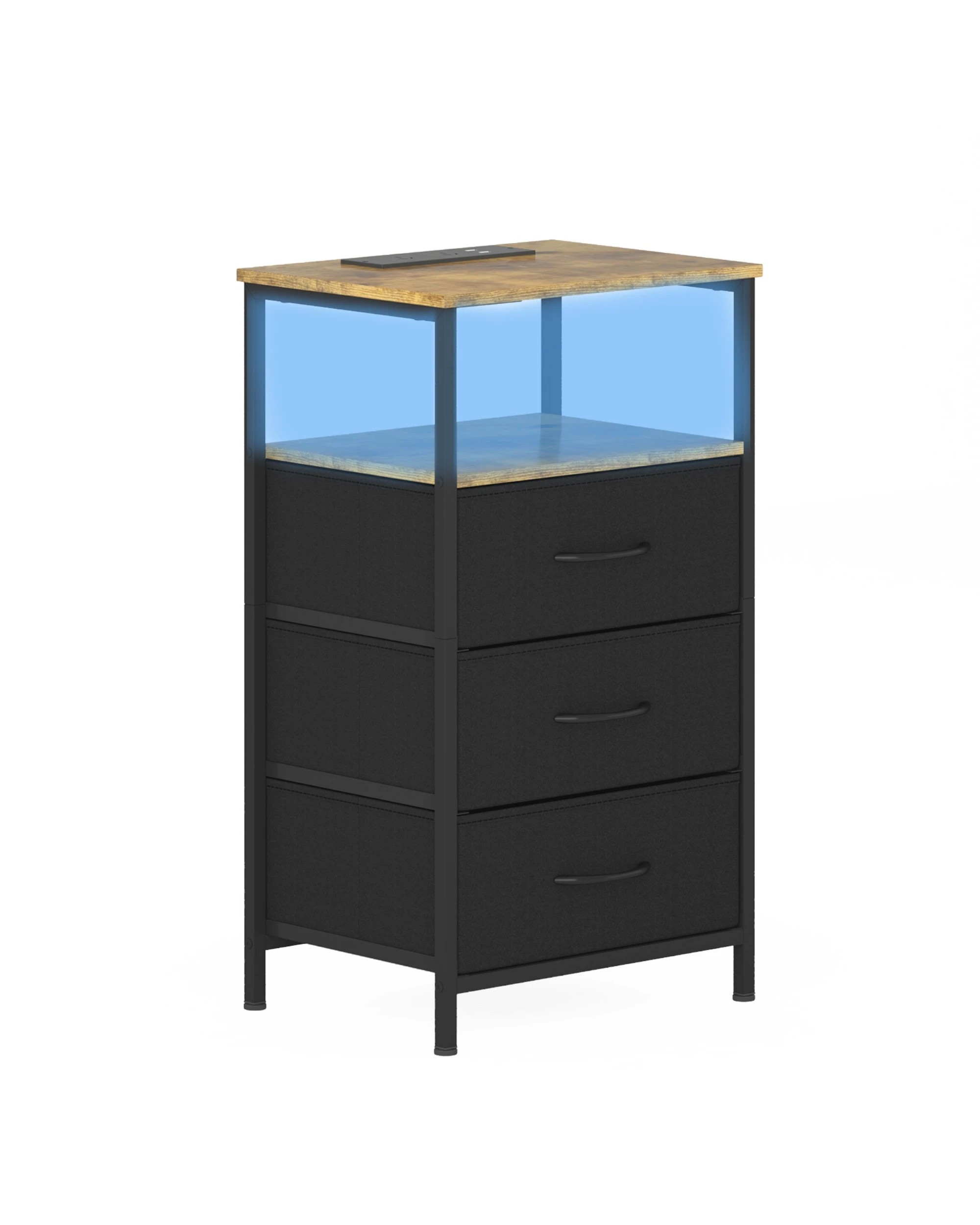 1 Advwin Led Bedside Table with Charging Station 3 Fabric Drawers - Brown, 1 of 5