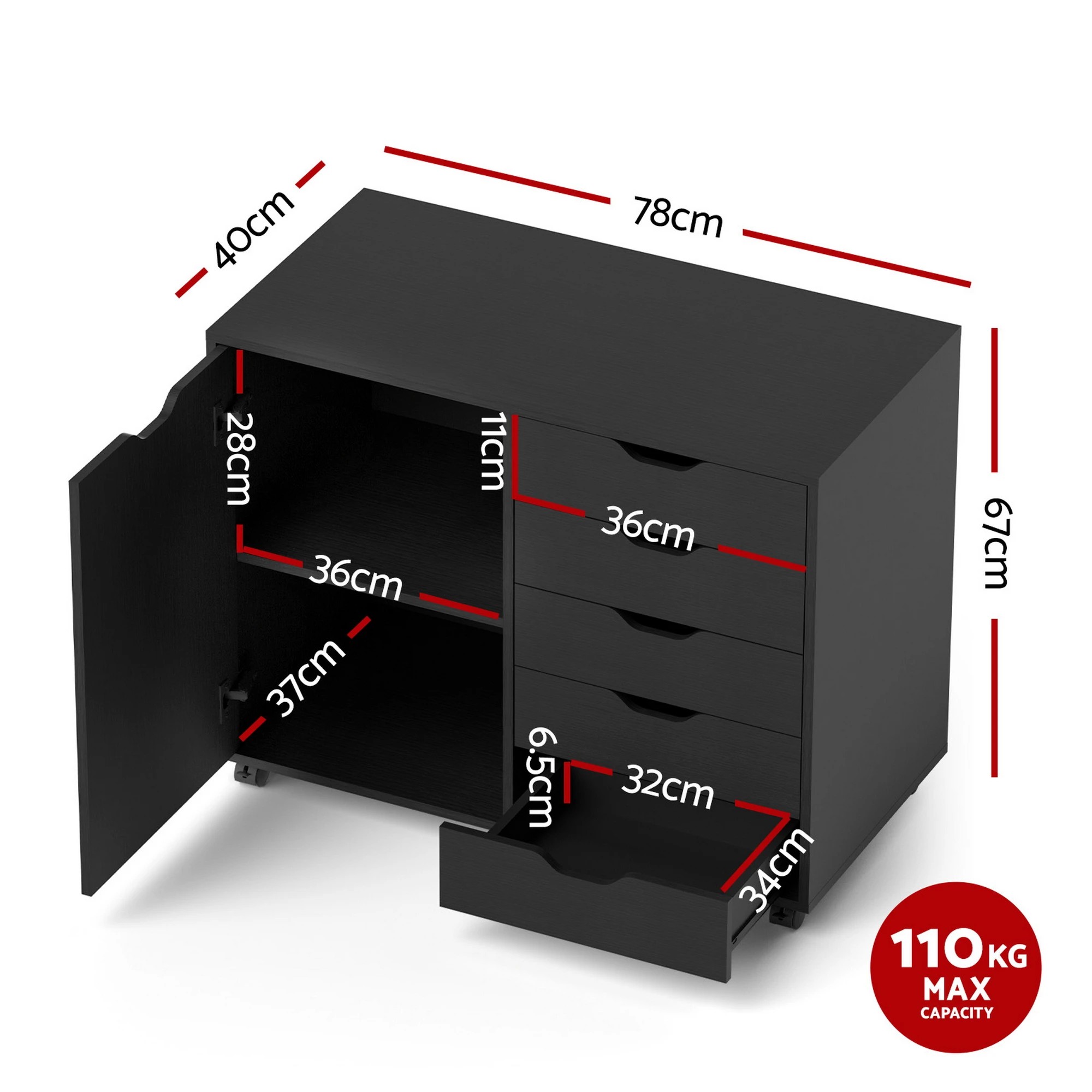 2 Artiss Mobile Filing Cabinet 5 Drawer with Door Modern Storage Cabinet Printer - Black, 2 of 2