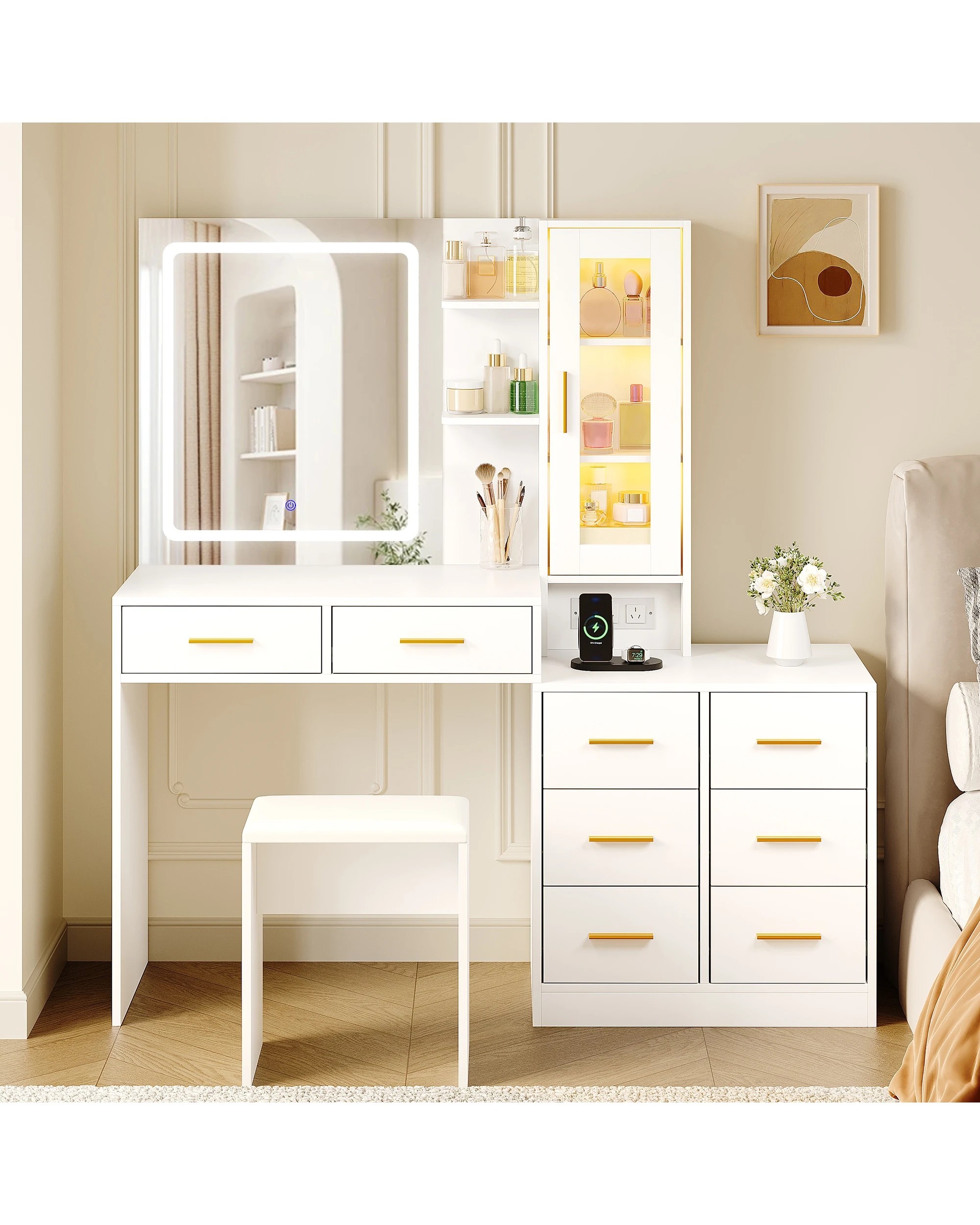 8 Advwin Dressing Table with LED Mirror RGB Cabinet 8 Drawers & Charging Station - White, 8 of 9