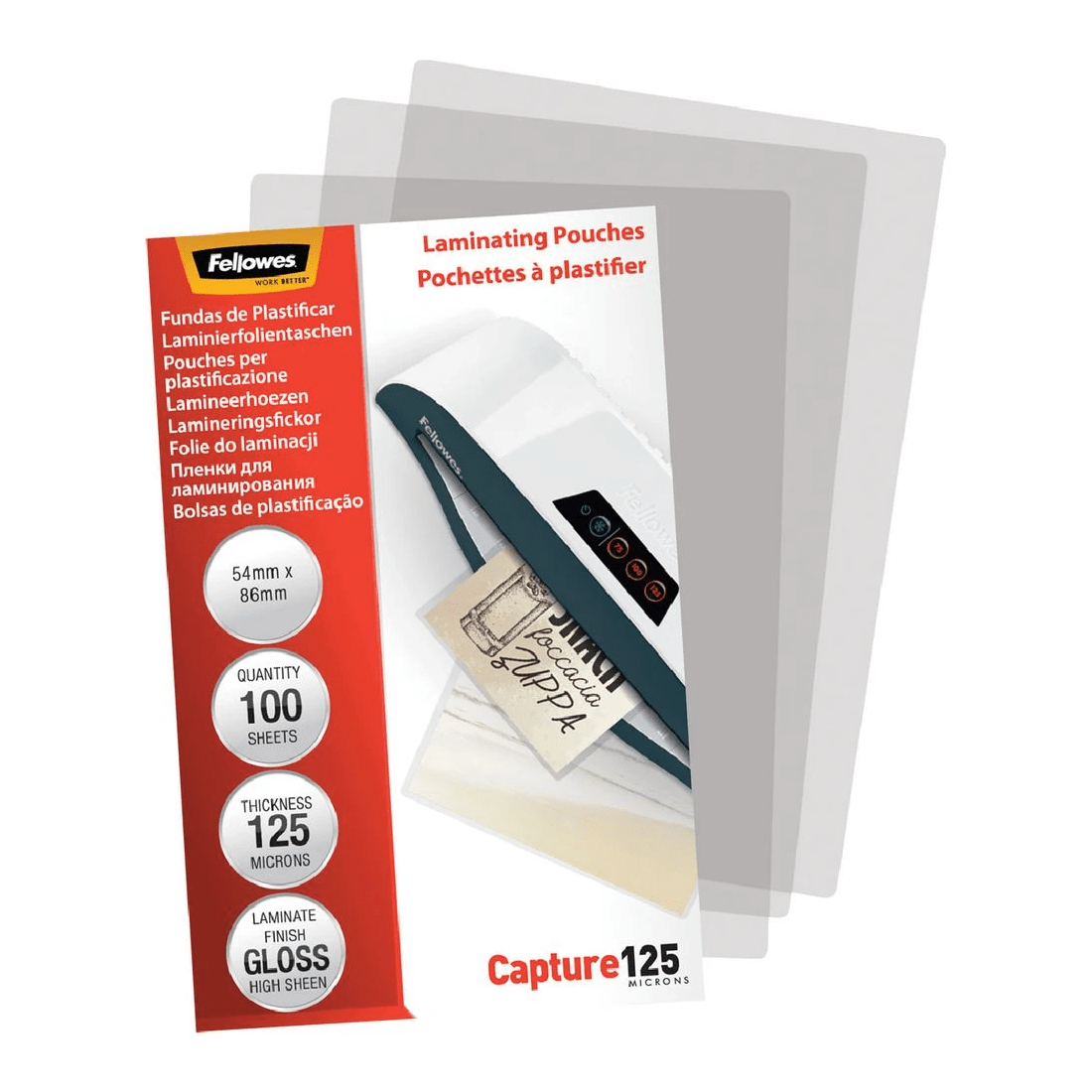 3 Fellowes Laminating Pouch 54 x 86mm 125 Micron Gloss 100 Pack, 3 of 5