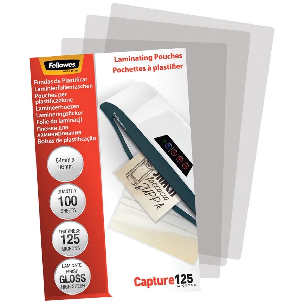 3 Fellowes Laminating Pouch 54 x 86mm 125 Micron Gloss 100 Pack, 3 of 5
