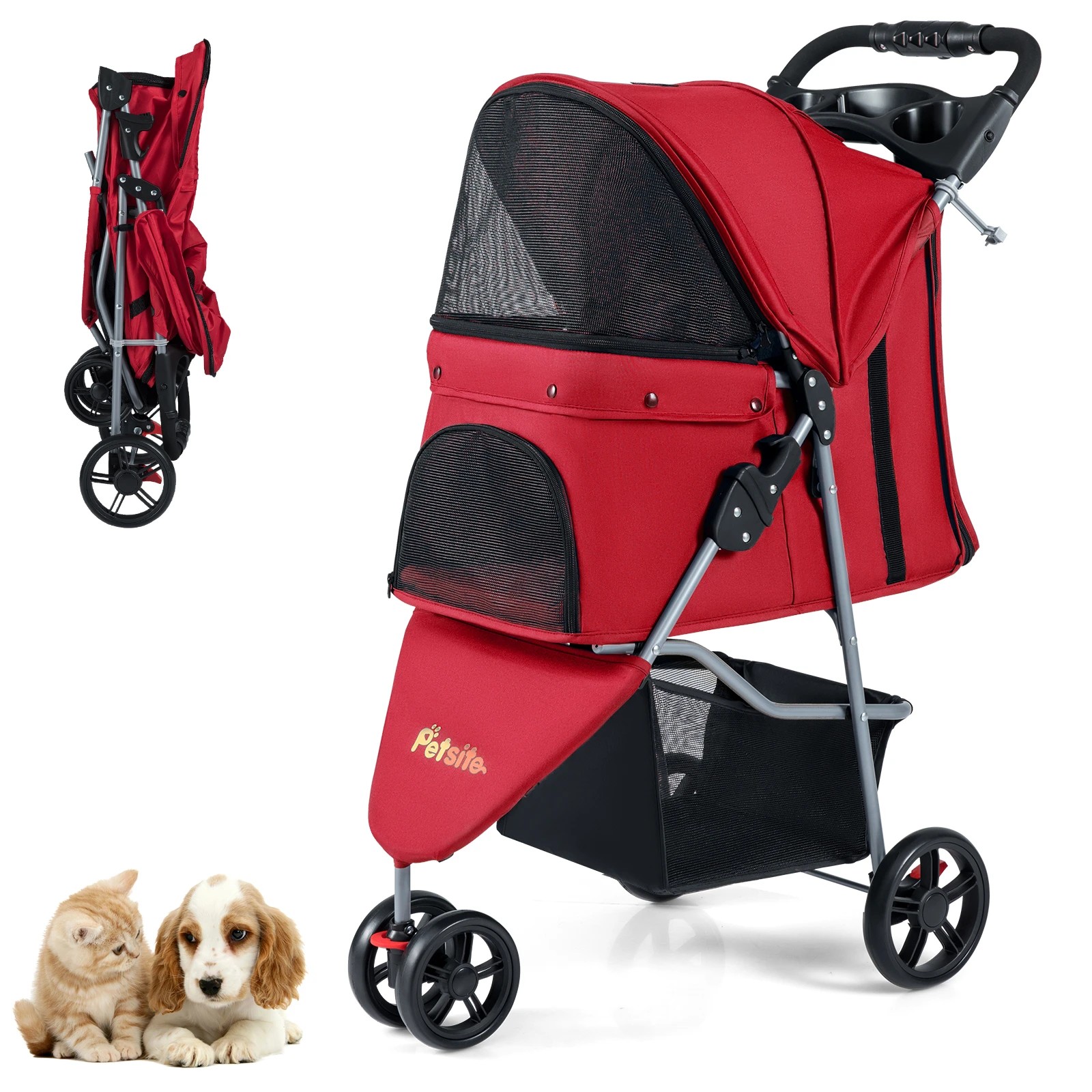 4 Costway Folding Pet Stroller One-click Dog Cat Strolling Cart w/Adjustable Canopy - Red, 4 of 4