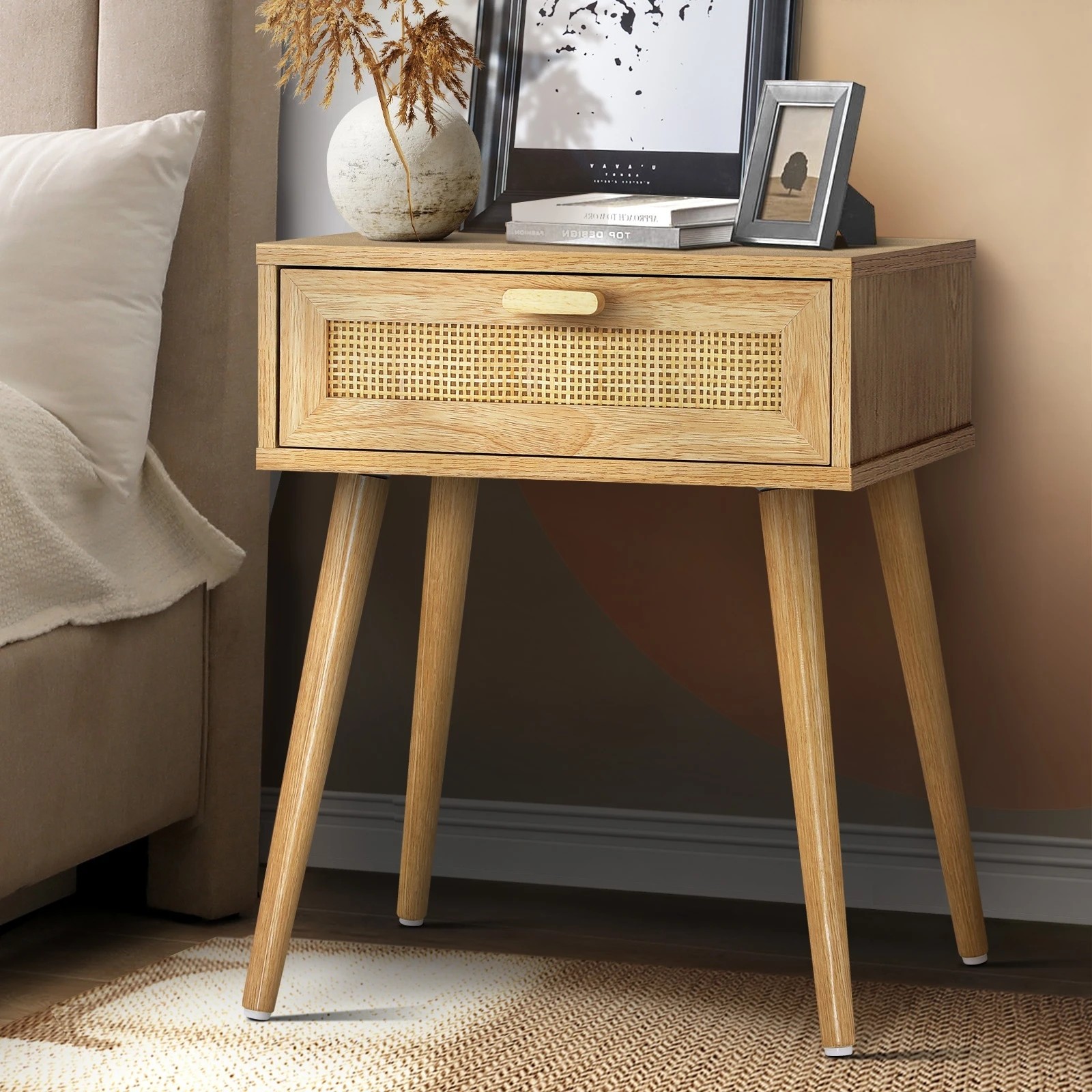 4 Oikiture Bedside Tables Set of 2 Side Table Storage Cabinet Nightstand Rattan - Natural, 4 of 4