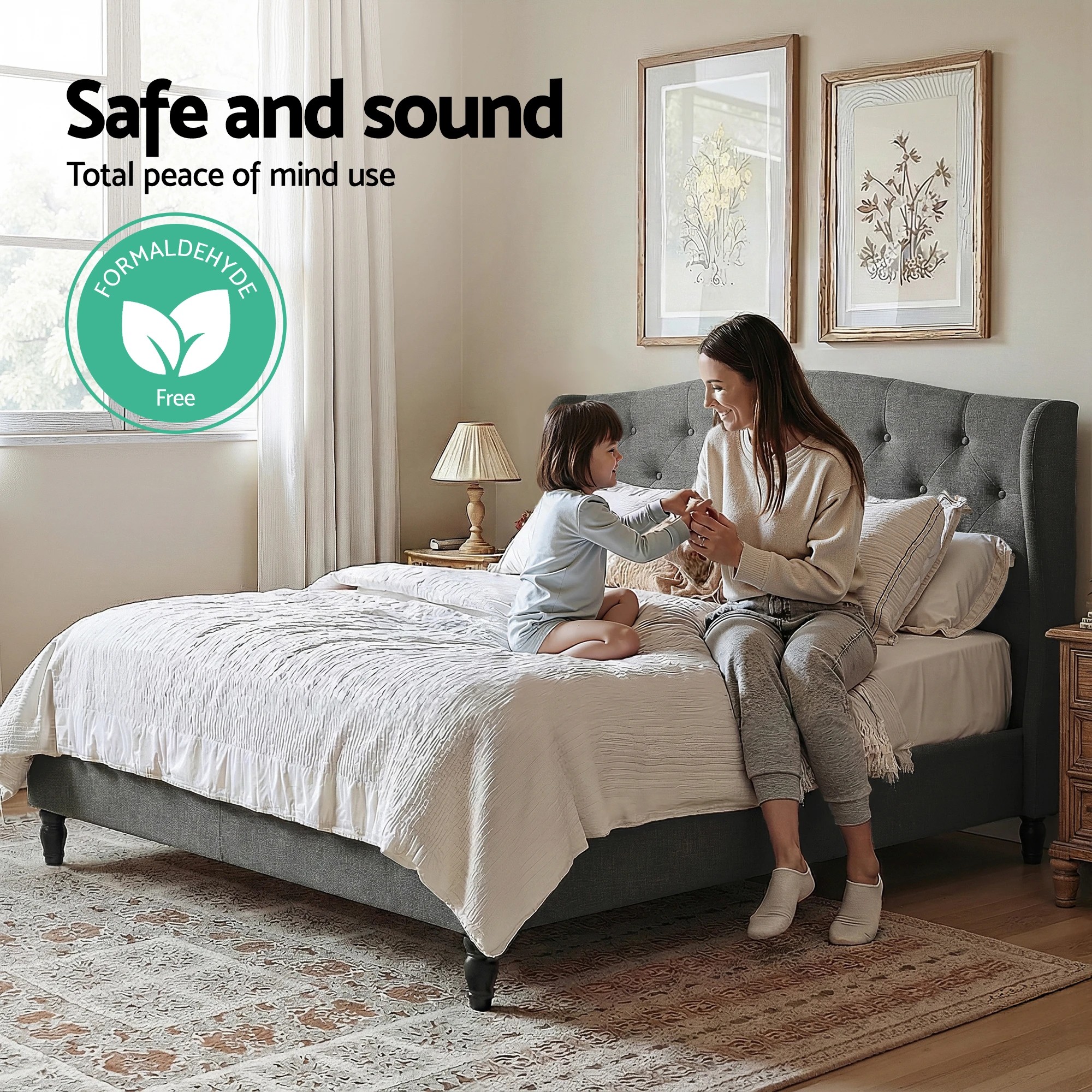 5 Artiss Double Bed Frame with Wingback Headboard  Linen Upholste Platform Bed Base - Grey, 5 of 6