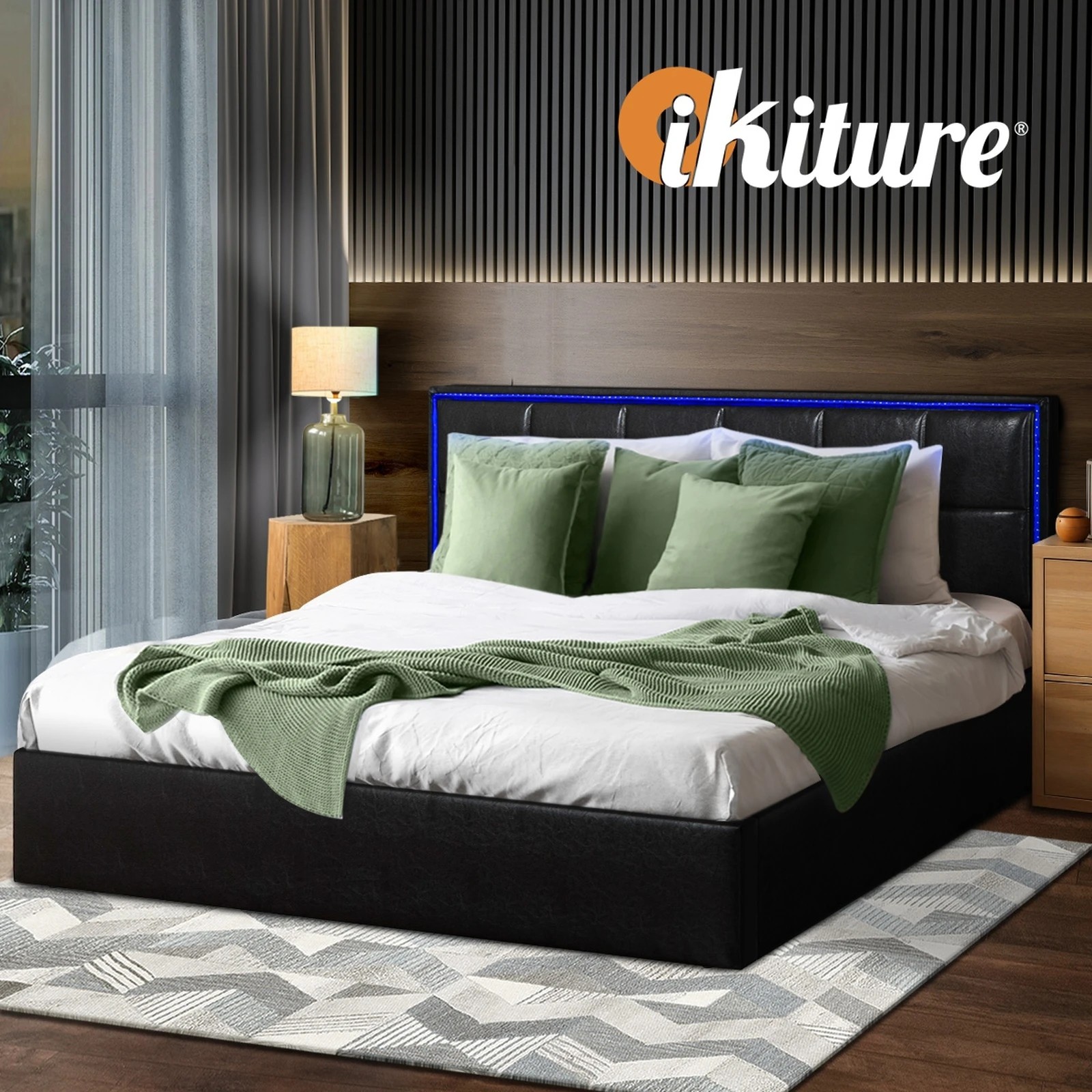 6 Oikiture Bed Frame Queen Size RGB LED Gas Lift Storage Base Leather - Black, 6 of 9