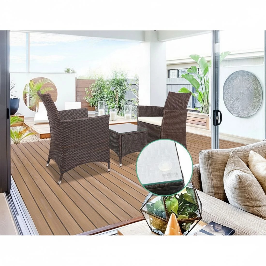 4 Gardeon 3PC Outdoor Bistro Set Patio Furniture Wicker Setting Chairs Table Cushion - Brown, 4 of 8