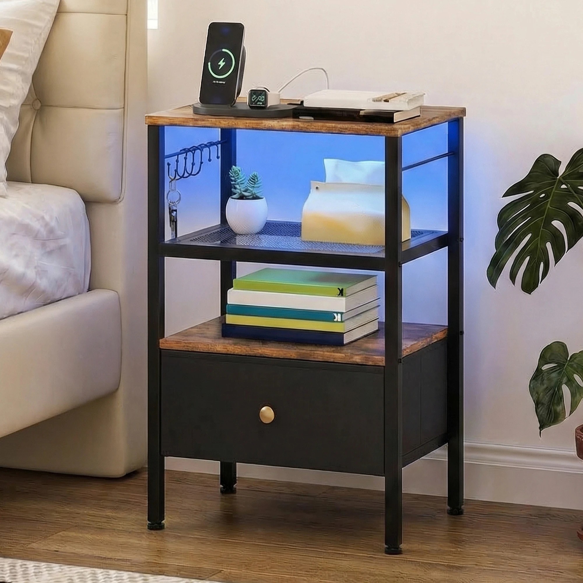 2 Advwin Bedside Table with Fabric Drawer Charging Station LED Lights - Brown, 2 of 6