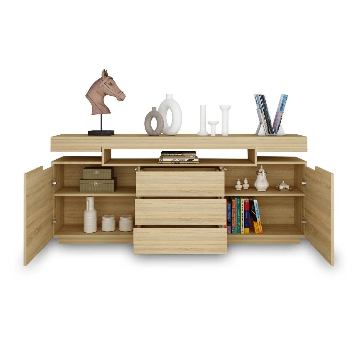 4 Ausway 3 Drawer Sideboard TV Stand Cabinet Buffet Table Oak 160x35x72cm, 4 of 9