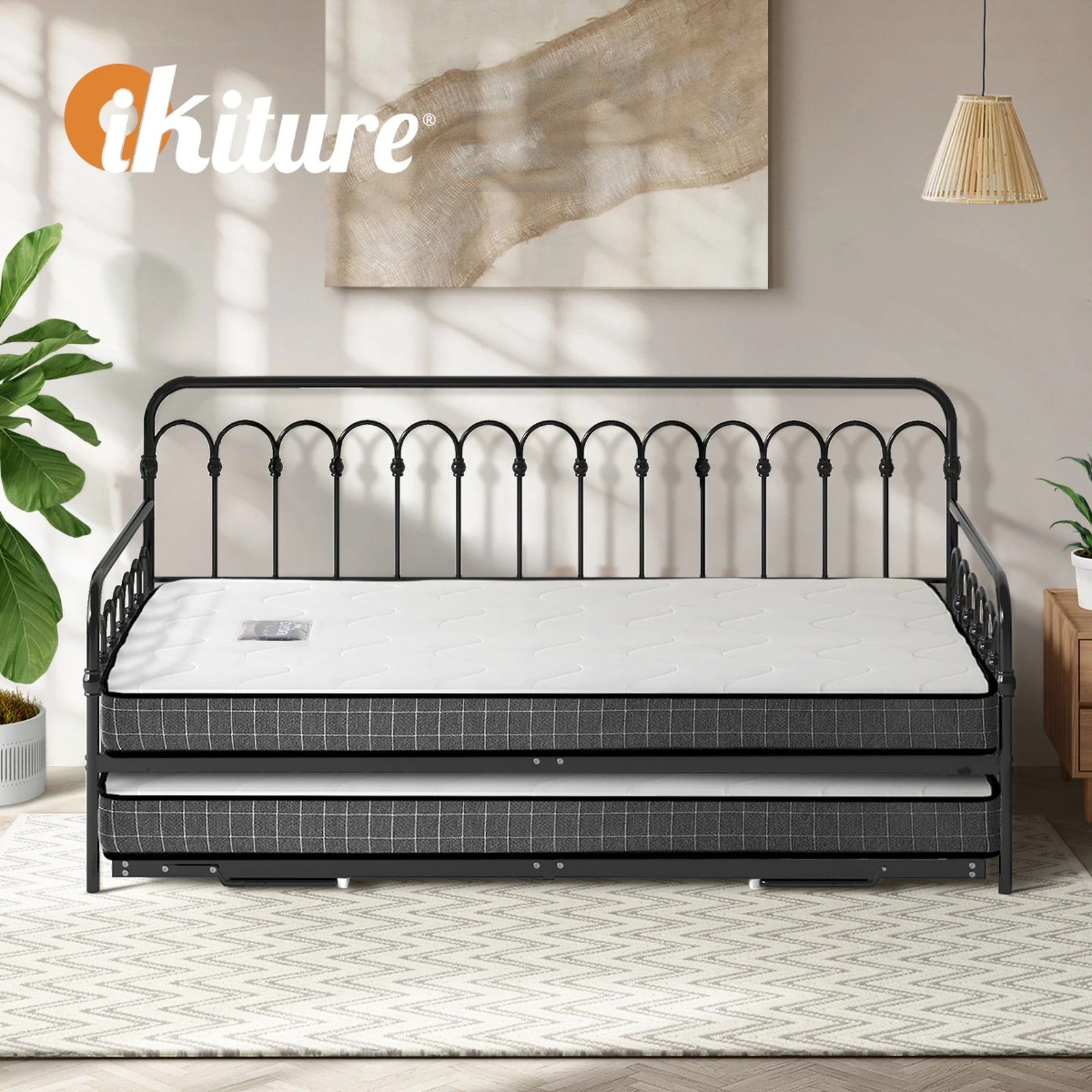 8 Oikiture Trundle Bed Frame Daybed Single Size Metal Base with Mattress x2 - Black, 8 of 10