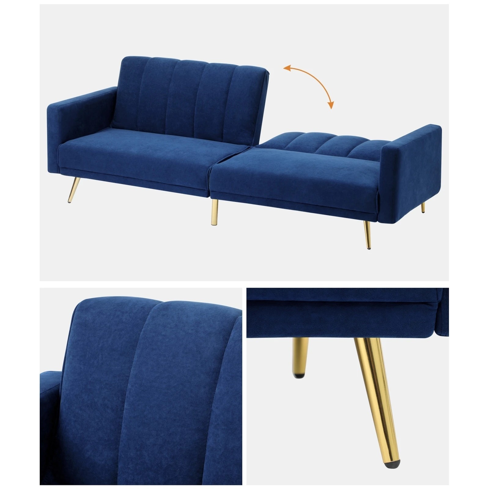 5 Oikiture Sofa Bed 3-seater Recliner Convertible Lounge Couch Sofabed Velvet
 - Blue, 5 of 10