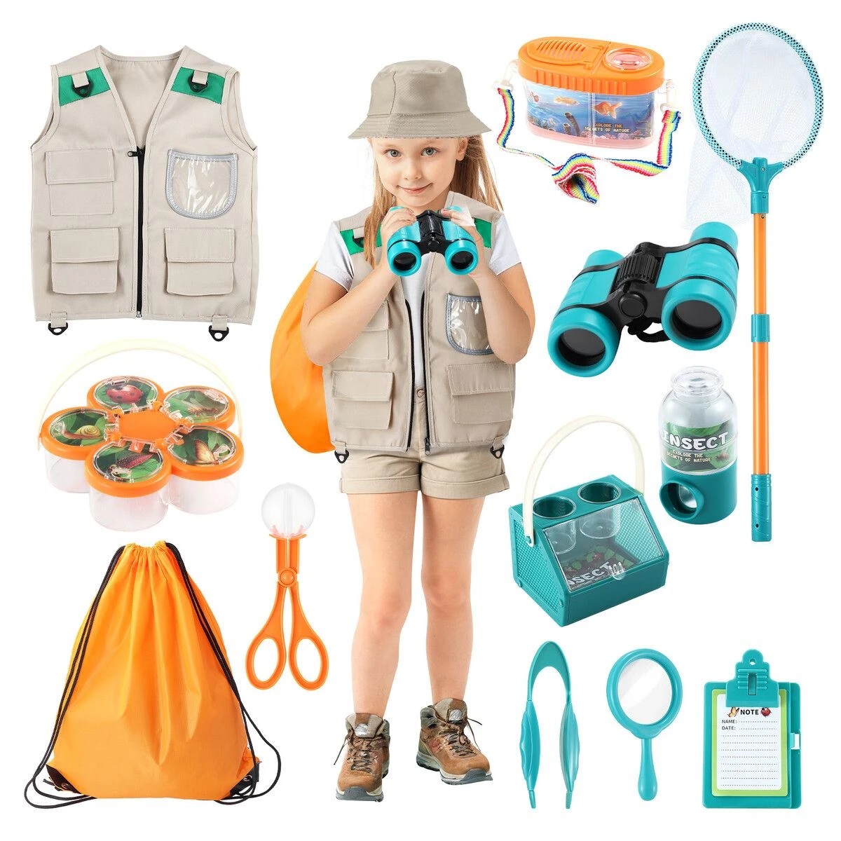 1 AUSWAY Kids Outdoor Explorer Kit Bug Catcher Binoculars Magnifying Glass Butterfly Net Safari Vest Hat Costume, 1 of 2
