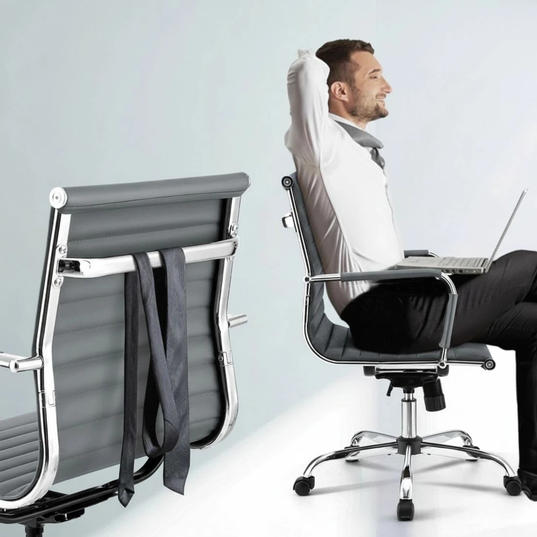 6 Artiss Office Chair Conference Chairs PU Leather Mid Back - Grey, 6 of 7