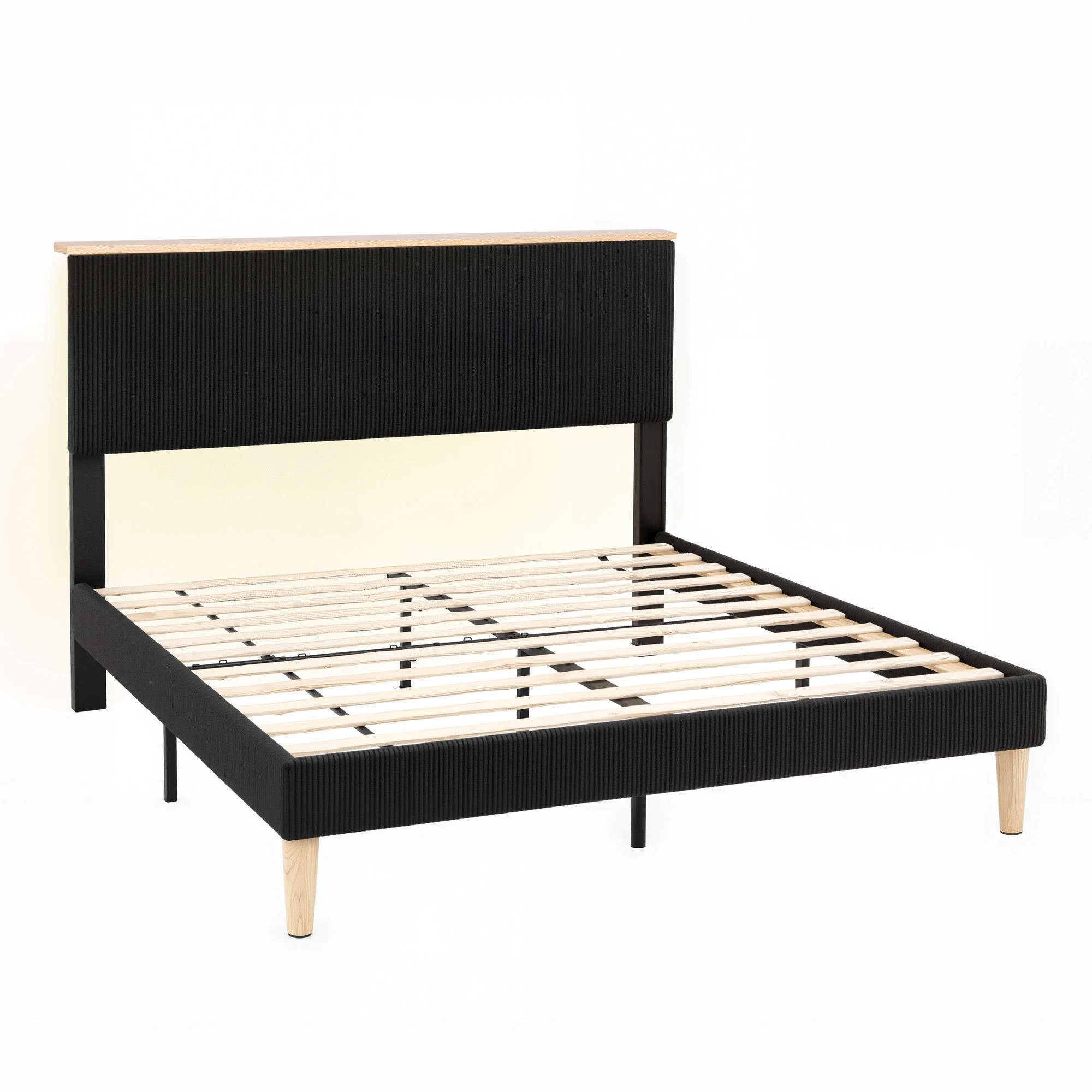 1 Artiss Double Bed Frame Upholste Adjustable Headboard Mood Lighting Corduroy - Black, 1 of 2