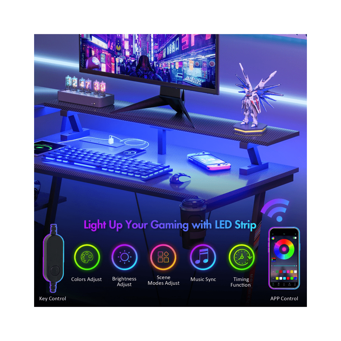 4 Advwin L Shaped Gaming Desk With Led Lights & Power Outlets 120cm - Black, 4 of 10