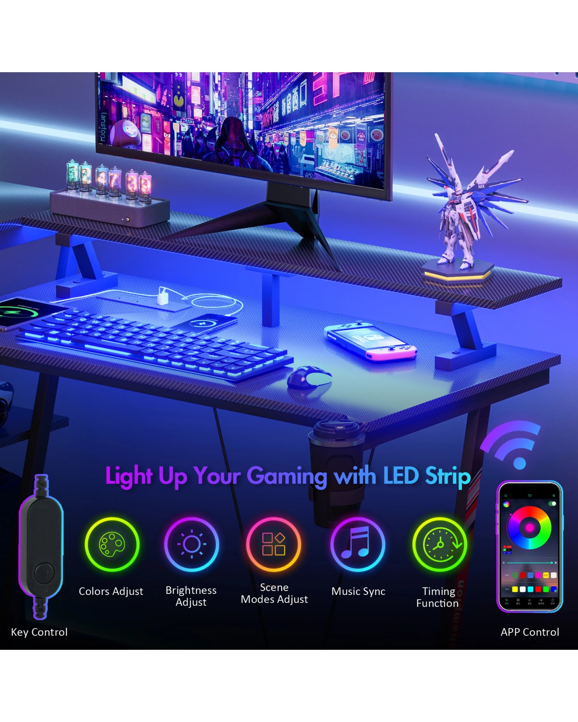 4 Advwin L Shaped Gaming Desk With Led Lights & Power Outlets 120cm - Black, 4 of 9