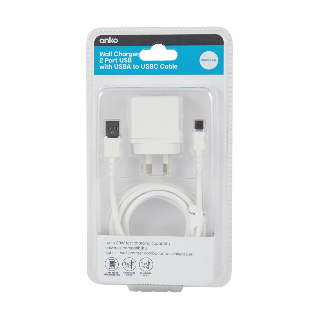 6 Wall USB Charger with USB-A to USB-C - White, 6 of 7