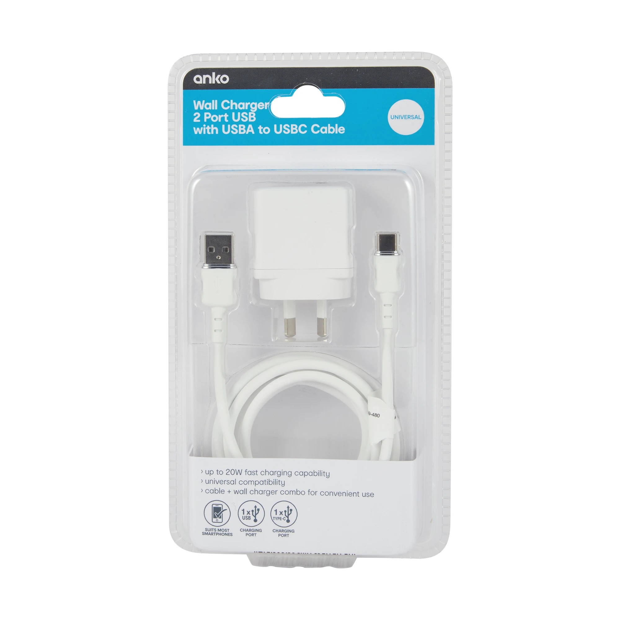 6 Wall USB Charger with USB-A to USB-C - White, 6 of 7