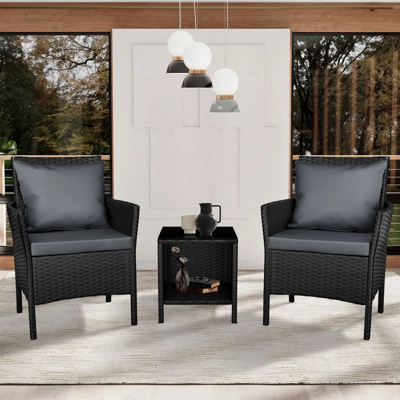 3 Alfordson Outdoor Furniture 3PCS Wicker Bistro Set Patio Chairs Table - Black, 3 of 9