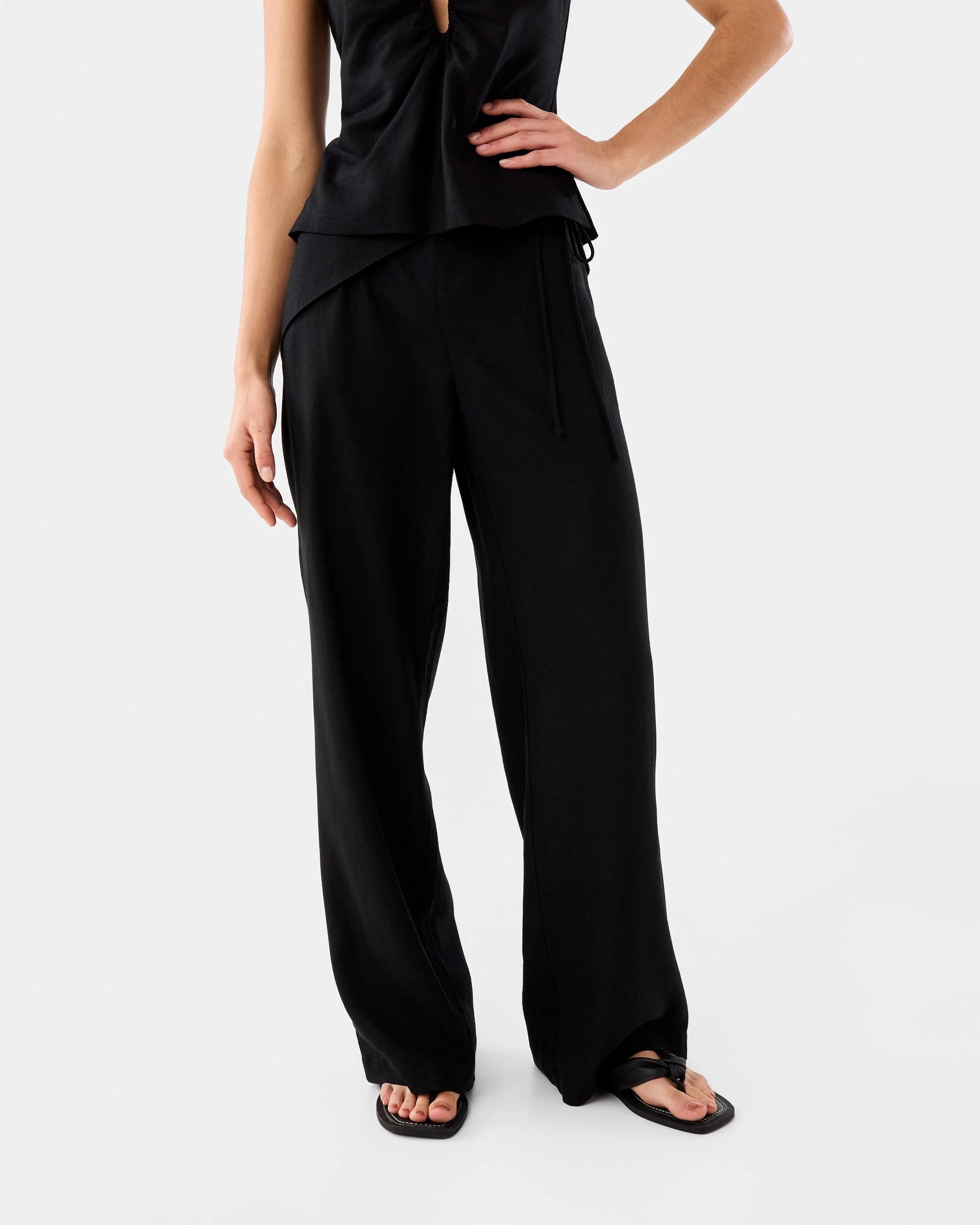 1 Linen Blend Tie Detail Pants Black, 1 of 7
