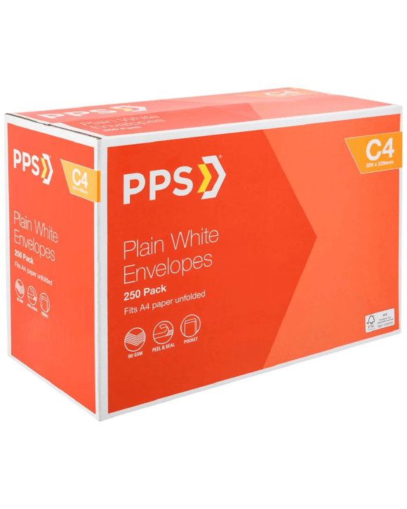 PPS Plainface C4 White Envelopes 250 Pack