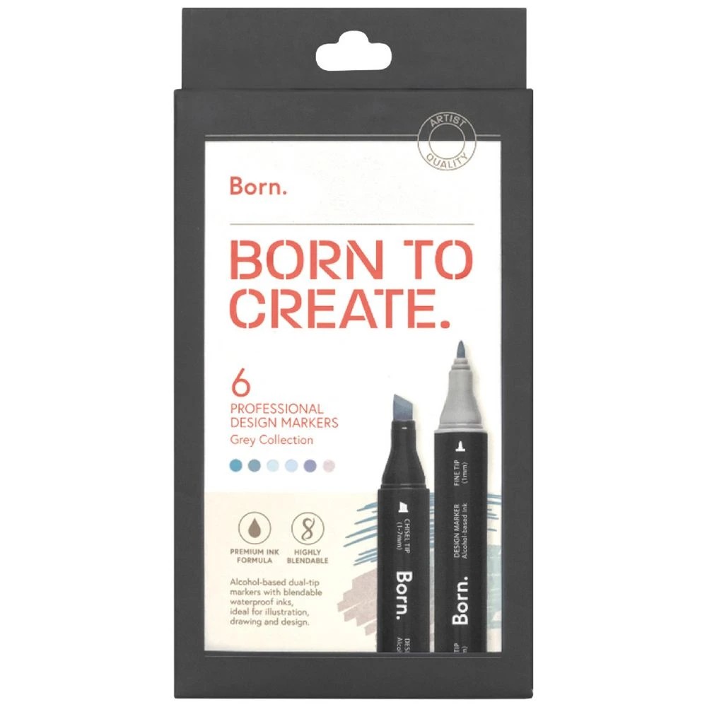1 Born Professional Dual-Tip Artist Markers Greys 6 Pack, 1 of 4