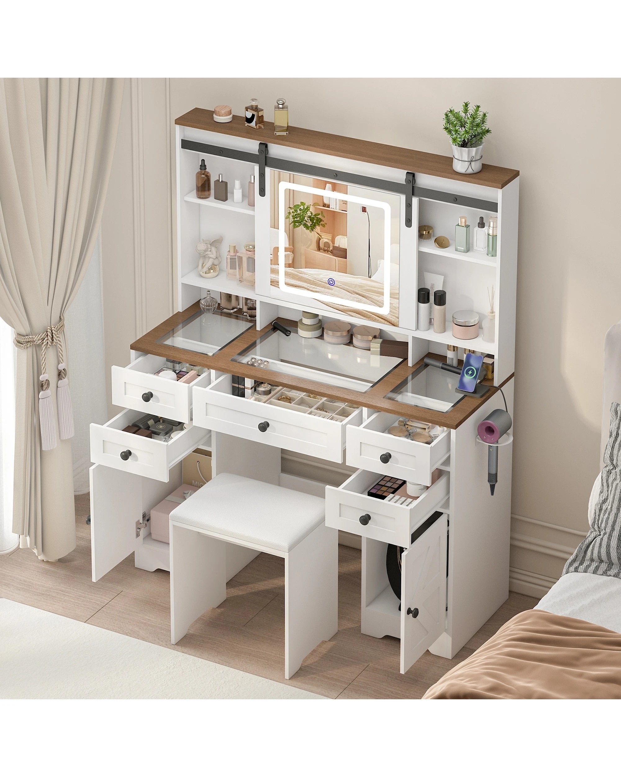 7 Advwin Farmhouse Makeup Vanity Desk with LED Mirror Glass Tabletop & Charging Station - White, 7 of 9