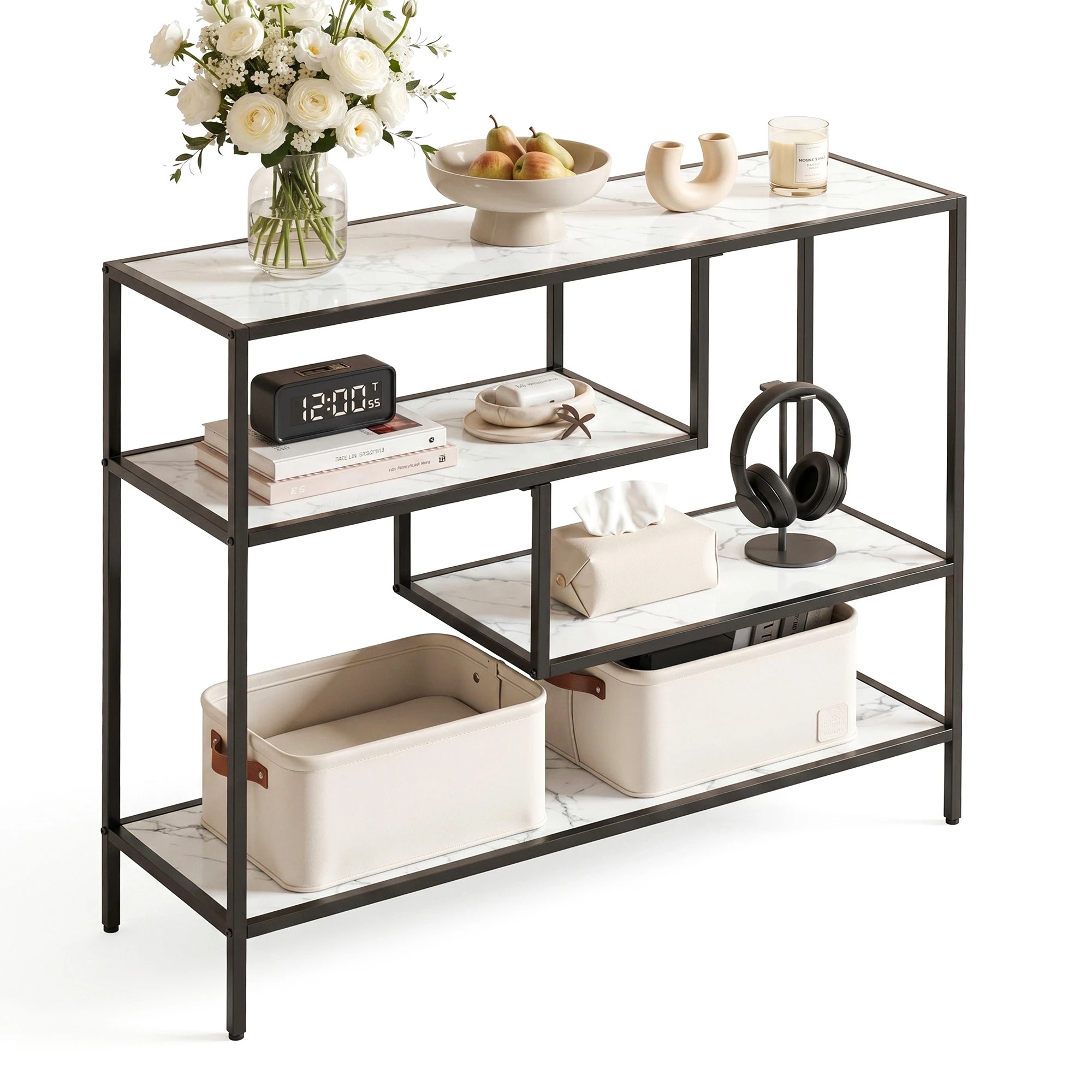 1 Artiss Console Table Entryway Hallway Marble Effect 4-Tier Storage Shelves - Black, 1 of 10