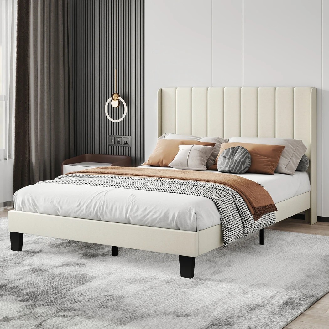 7 Levede Queen Size Bed Frame Upholstered Platform Beige, 7 of 7