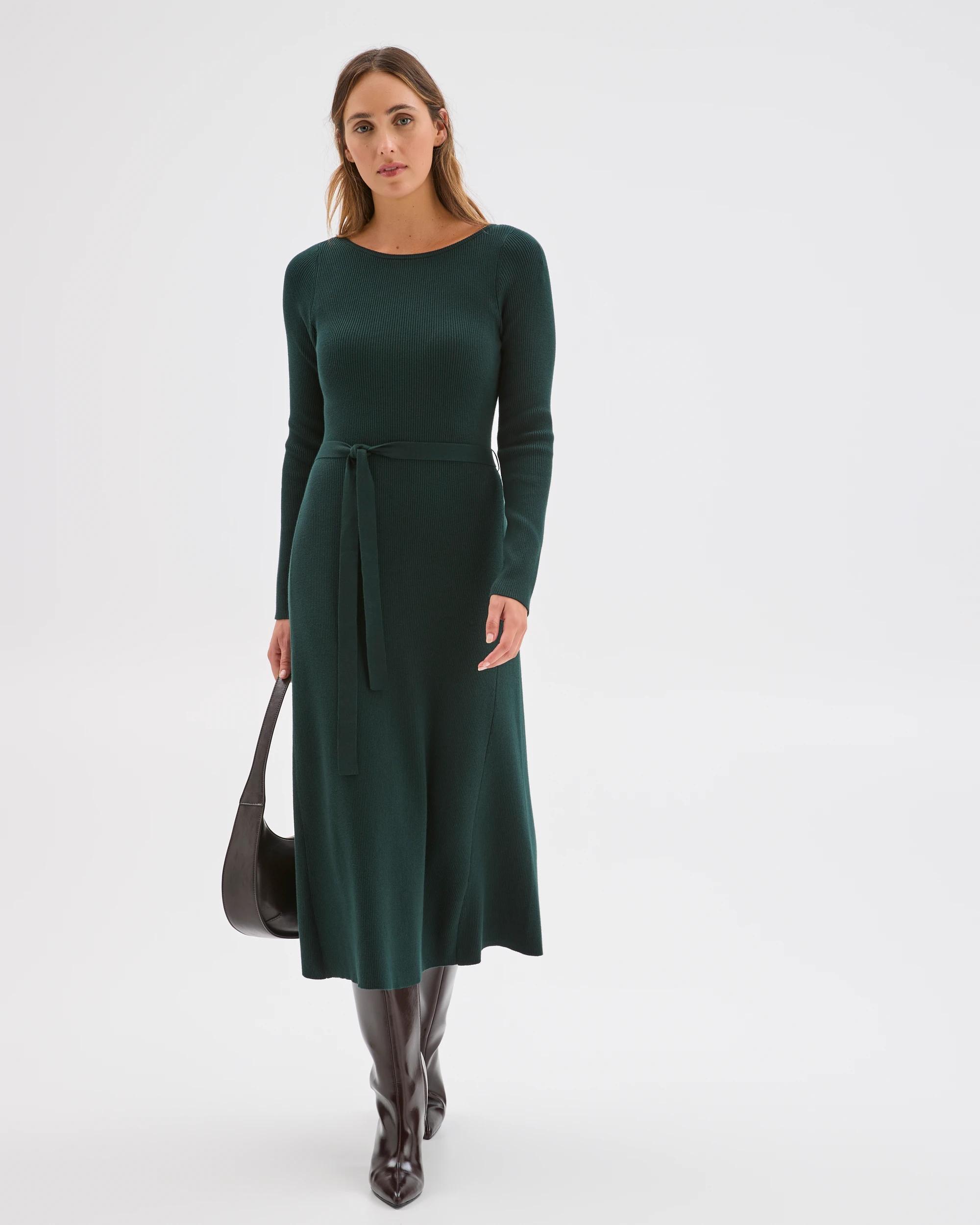 2 Preview Australian Cotton Blend Long Sleeve Knit Midi Dress MID JADE, 2 of 3