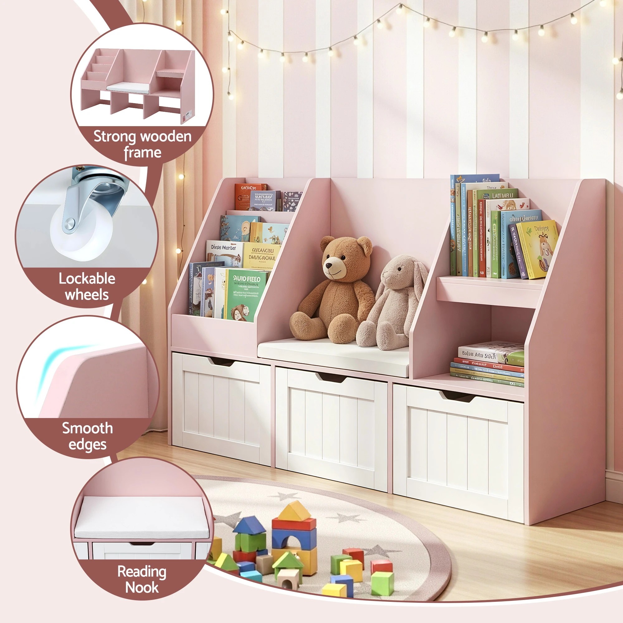 7 Keezi Kids Bookshelf Storage Organiser Toy Box Drawer Bench Seat Cabinet - Pink, 7 of 9