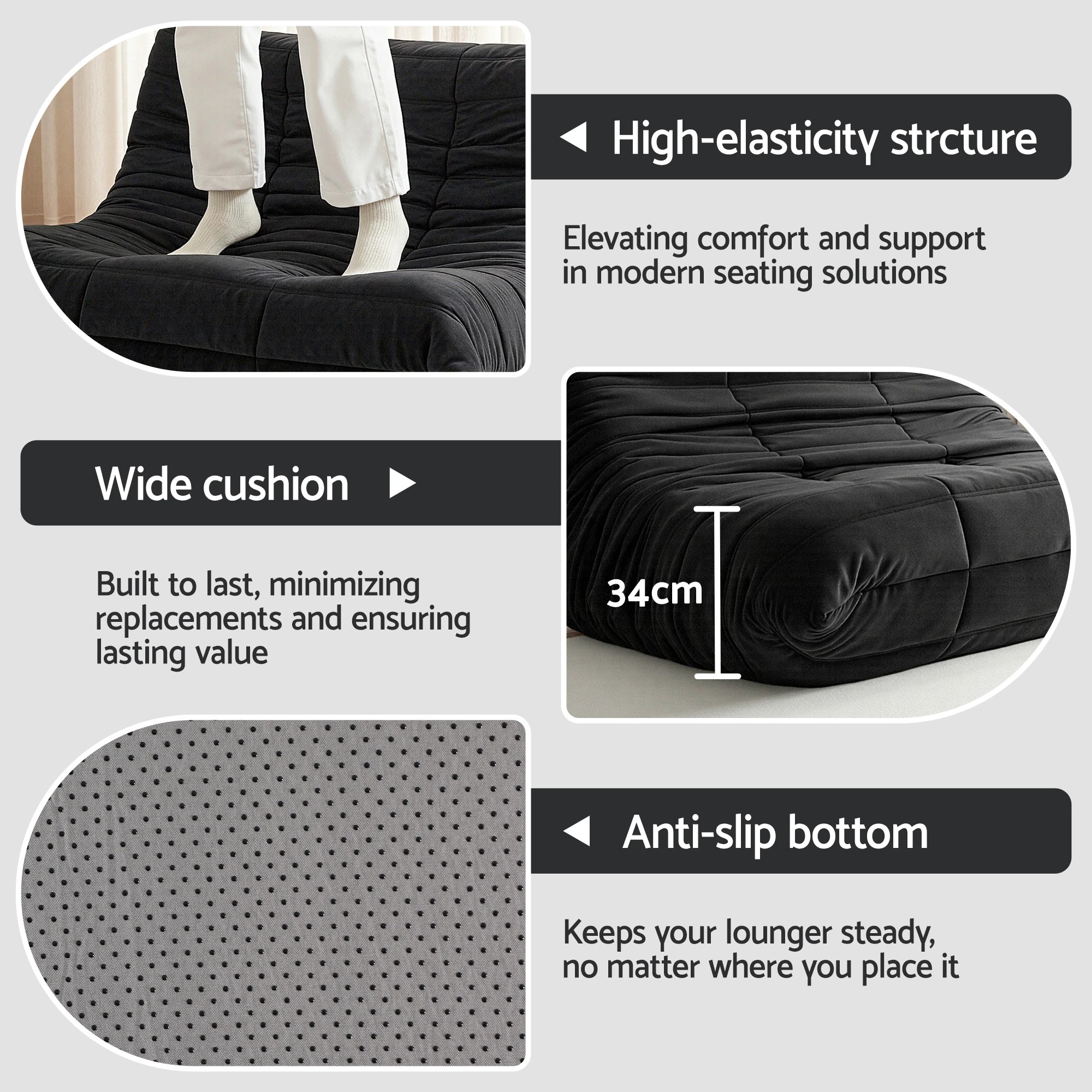 6 Artiss Lazy Sofa 2 Seaters Accent Caterpillar Chair Floor Couch Armless - Black, 6 of 7