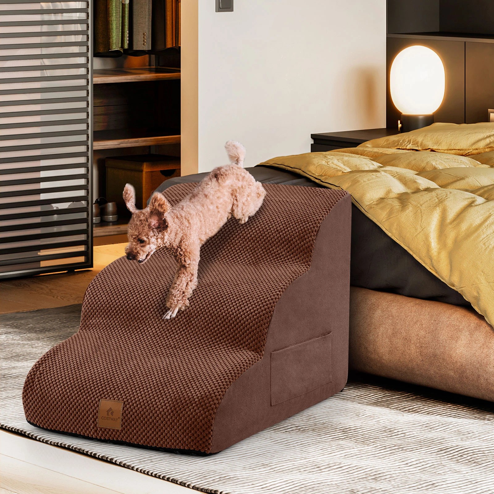 4 Costway 3-Tier Foam Dog Ramp Pet Stairs Steps w/Pet Hair Remover - Brown, 4 of 4