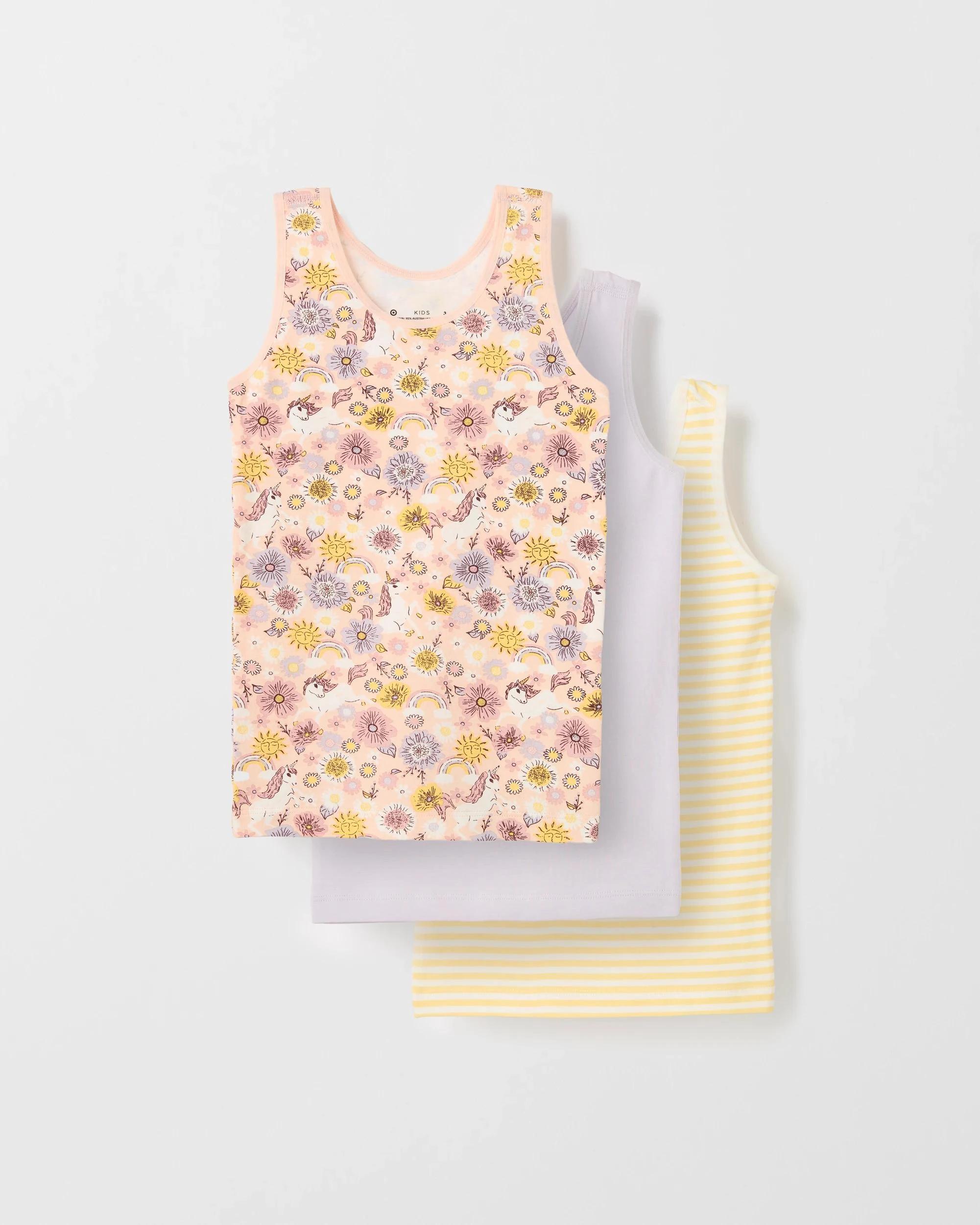 1 Target Australian Cotton Younger Girls Singlets 3 Pack RANBOW UNICORN, 1 of 5