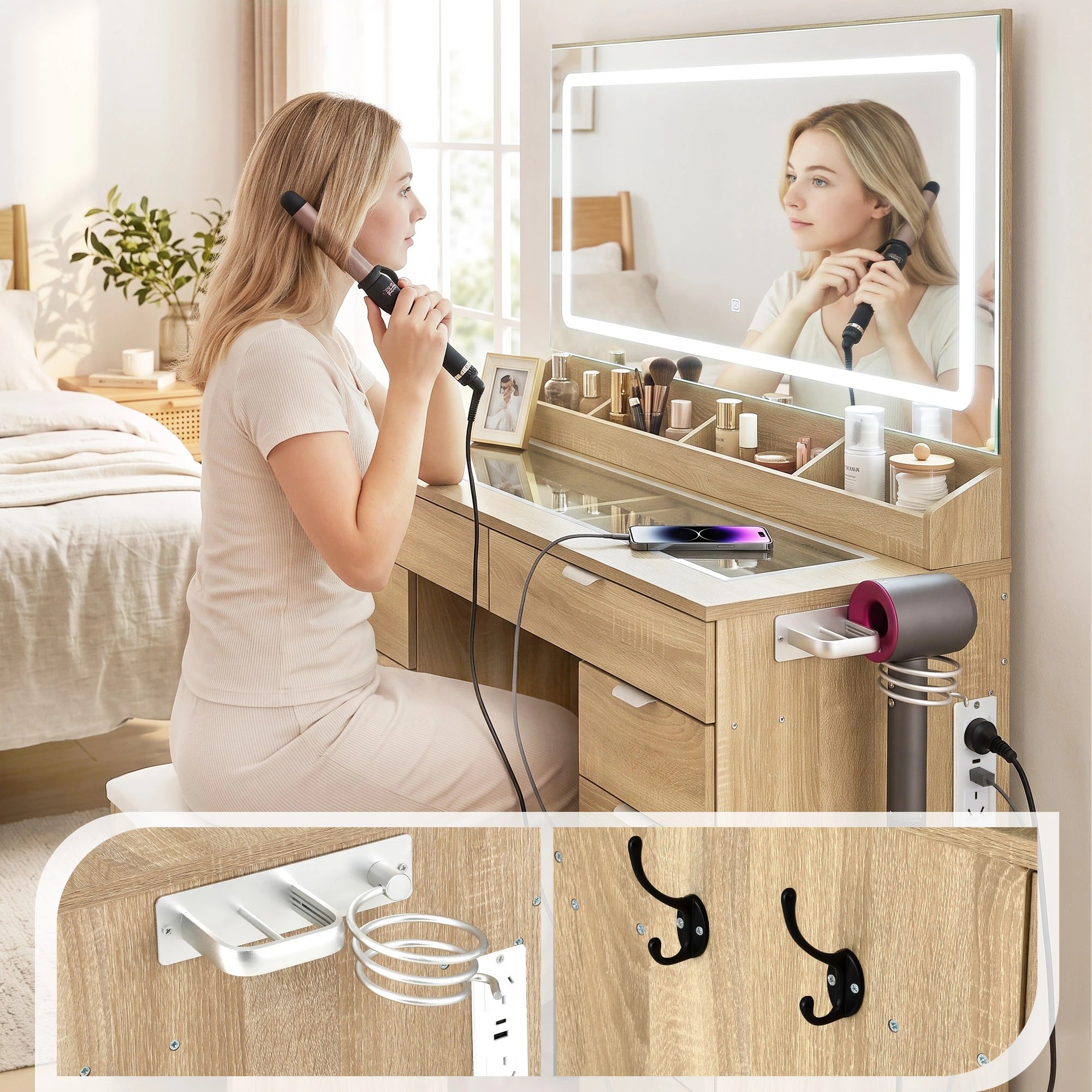 7 Artiss Dressing Table Charging Station LED Vanity Desk Set Stool Make up Mirror Storage Drawer - Natural, 7 of 9