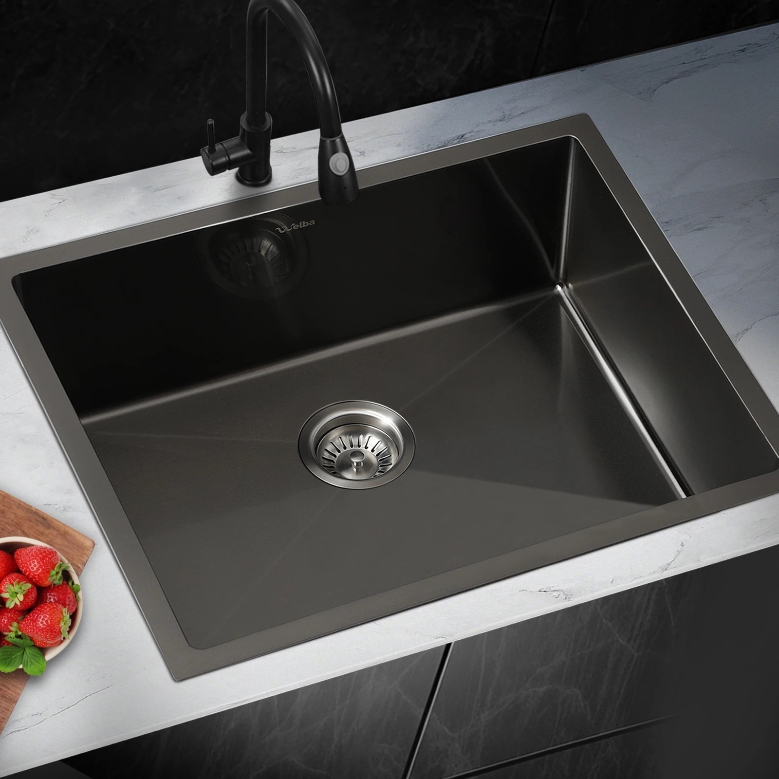 2 Welba Kitchen Sink Stainless Steel Basin Single Under/Top/Flush Mount 60X45CM - Black, 2 of 6