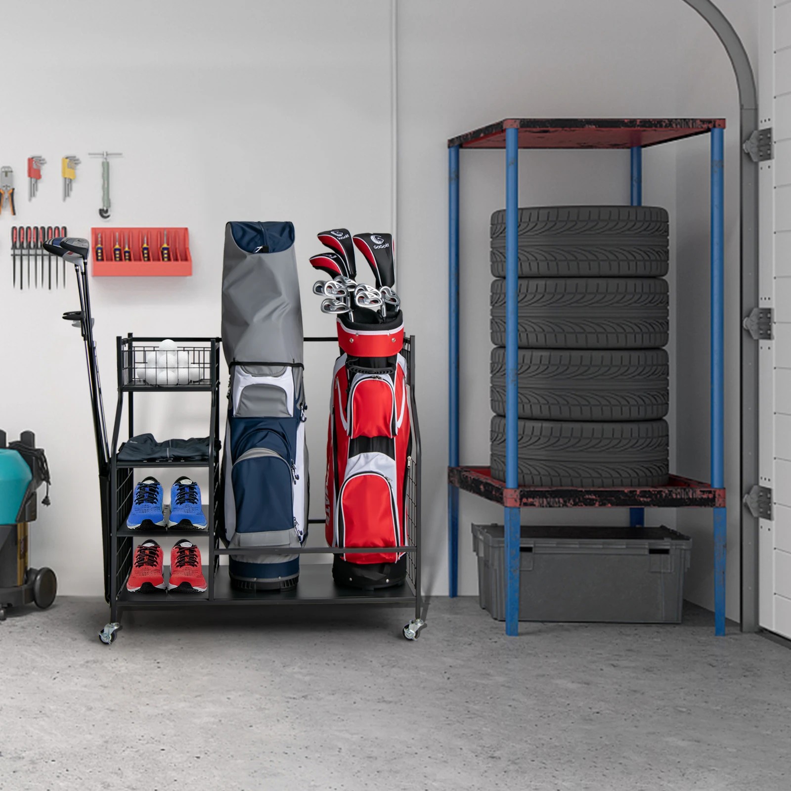 2 Costway Golf Storage Rack Mobile Golf Club Bag Organizer Metal Frame Sports Equipment Garage w/Wheels - Black, 2 of 2