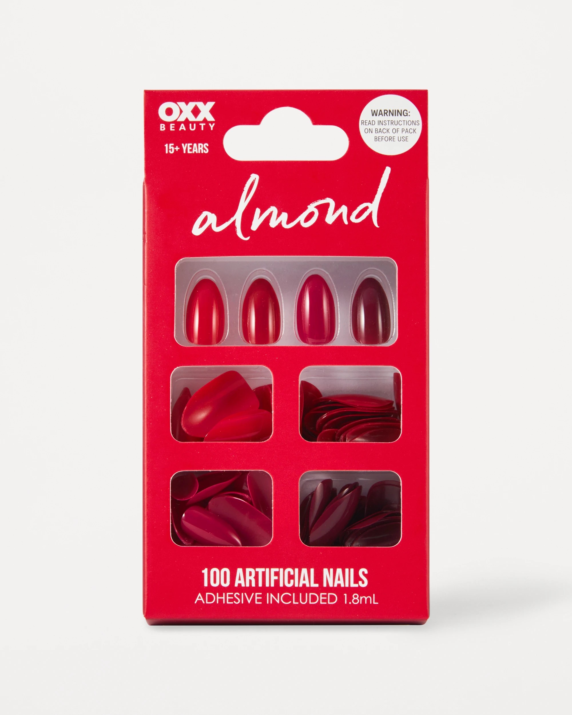 1 OXX Beauty 100 Pack Artificial Nails with Adhesive - Almond Shape, Red, 1 of 4
