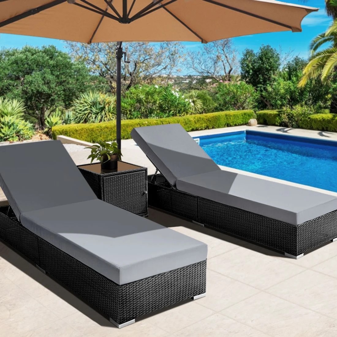 3 Gardeon 3 Piece Rattan Sun Lounge Set Adjustable Backrests Cushioned Day Bed Outdoor Wicker Aluminium Frame
 - black, 3 of 8