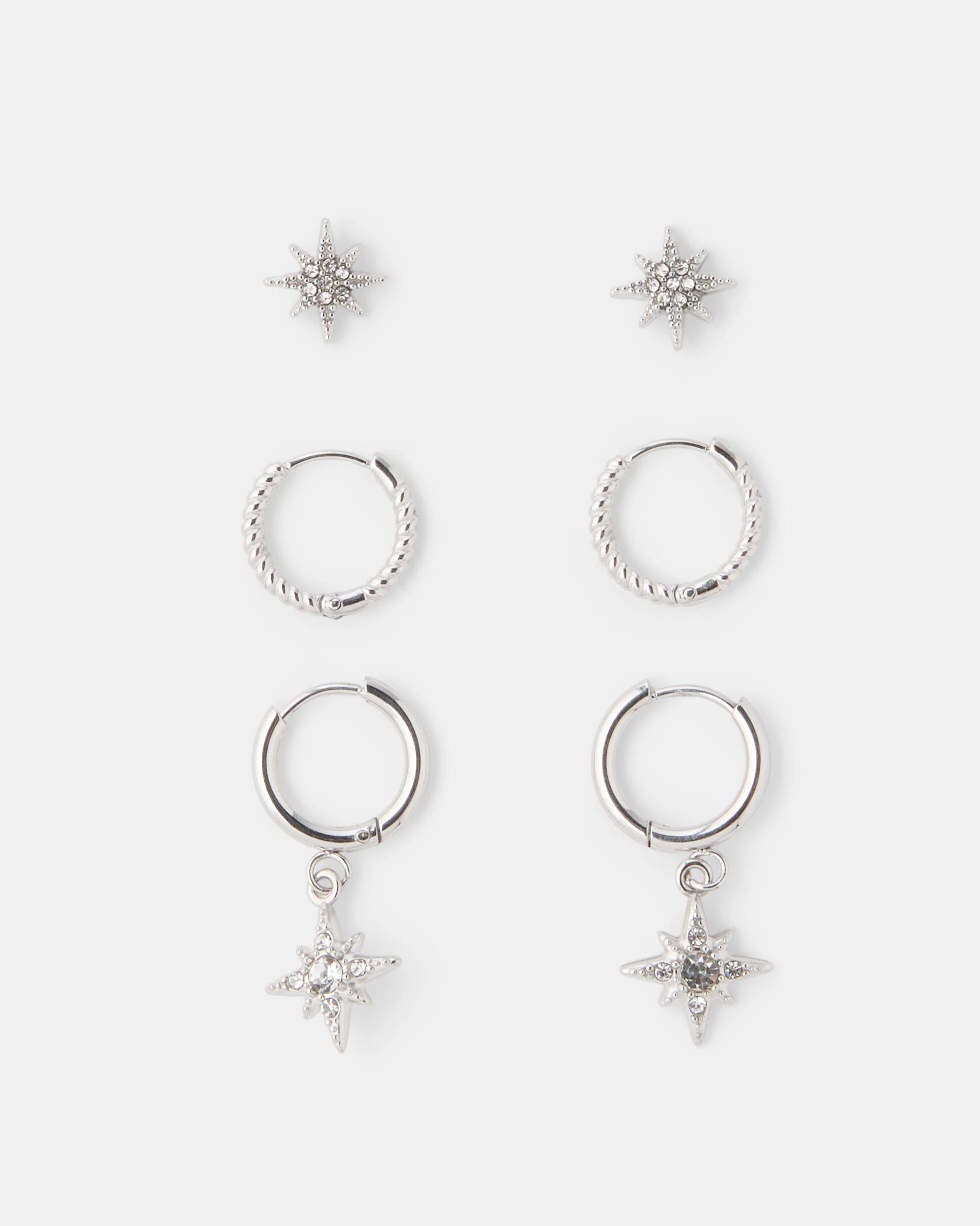 1 3 Pack Waterproof Stainless Steel Star Earrings - Silver Tone Silver, 1 of 3