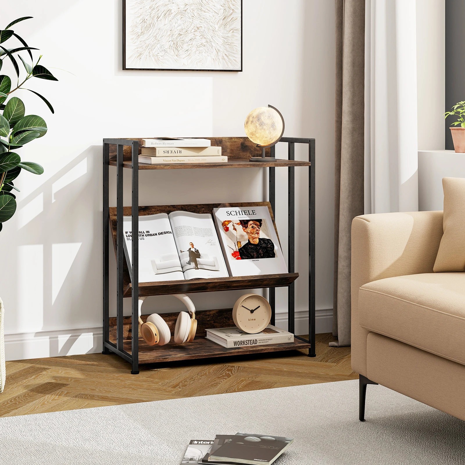 2 Costway 3-Tier Bookcase Storage Rack Metal Frame Display Shelf w/Adjustable Shelves - Brown, 2 of 4