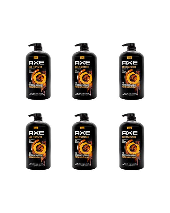 Axe Dark Temptation 6PK 3-in-1 Body Face Hair Wash 1L Dark Chocolate Scent - Black