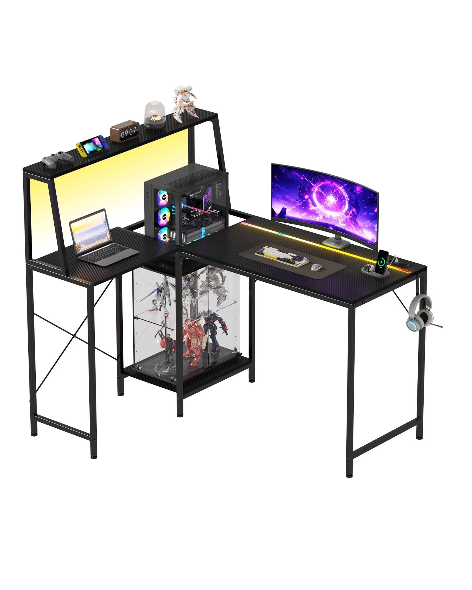 Advwin Computer Desk 115cm LED Gaming Desk w/ Adjustable Recessed Shelf ...